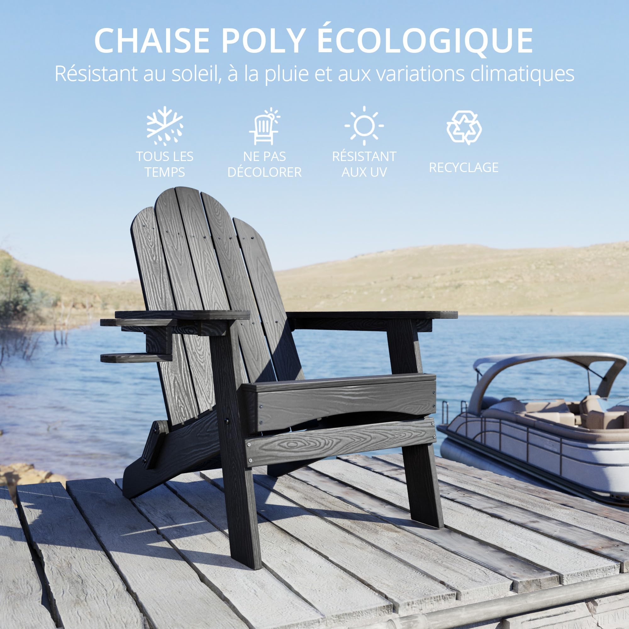 LUE BONA Chaise Adirondack Noire, Chaise de Jardin HDPS Pliable, Résistante aux Intempéries avec Porte-Gobelet, pour Jardin, Terrasse, Balcon