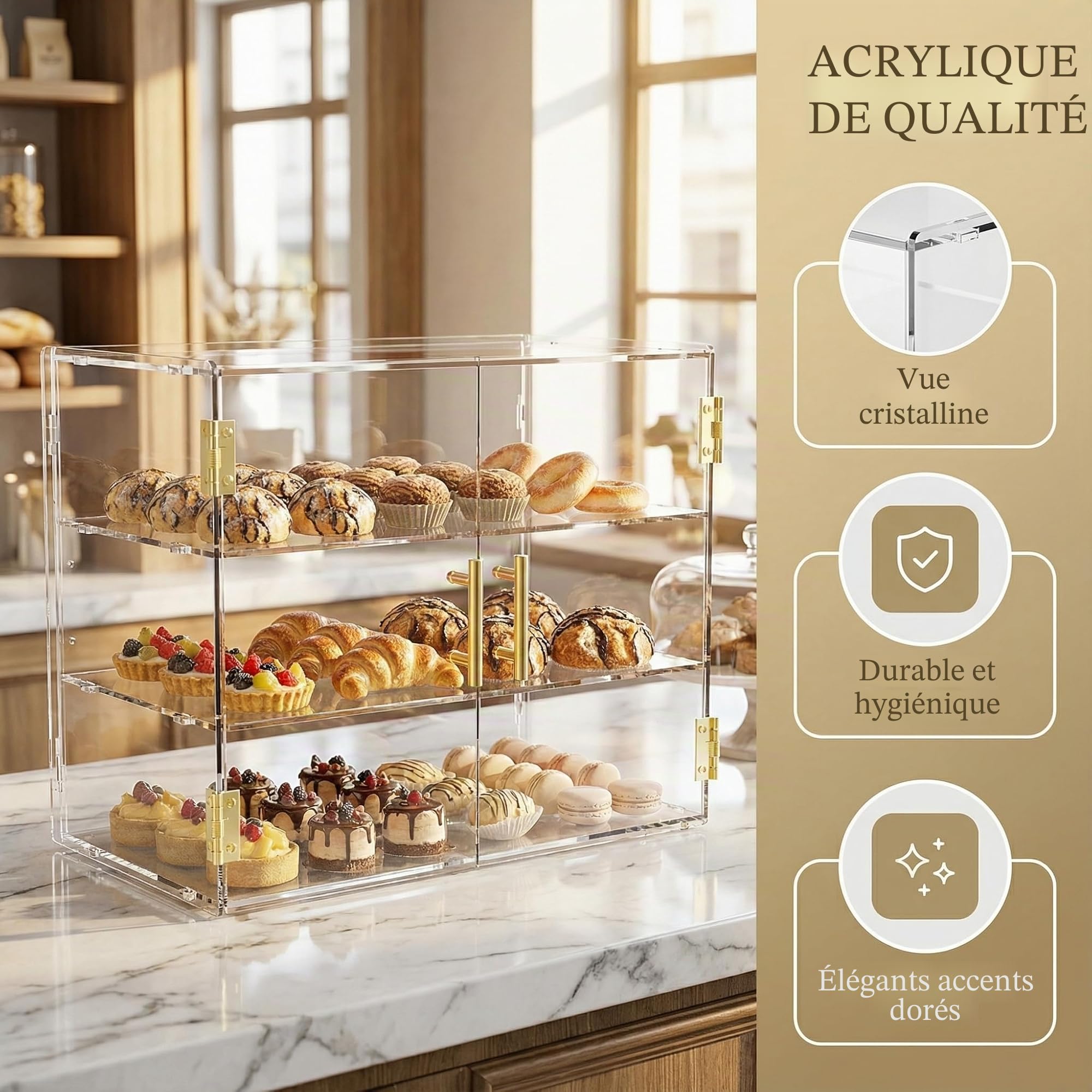 Présentoir de comptoir en acrylique pour boulangerie à 3 niveaux avec porte auto-élastique, 49,5 x 37,8 x 26,2 cm, boîte de présentoir alimentaire en acrylique pour pâtisserie, idéal pour le