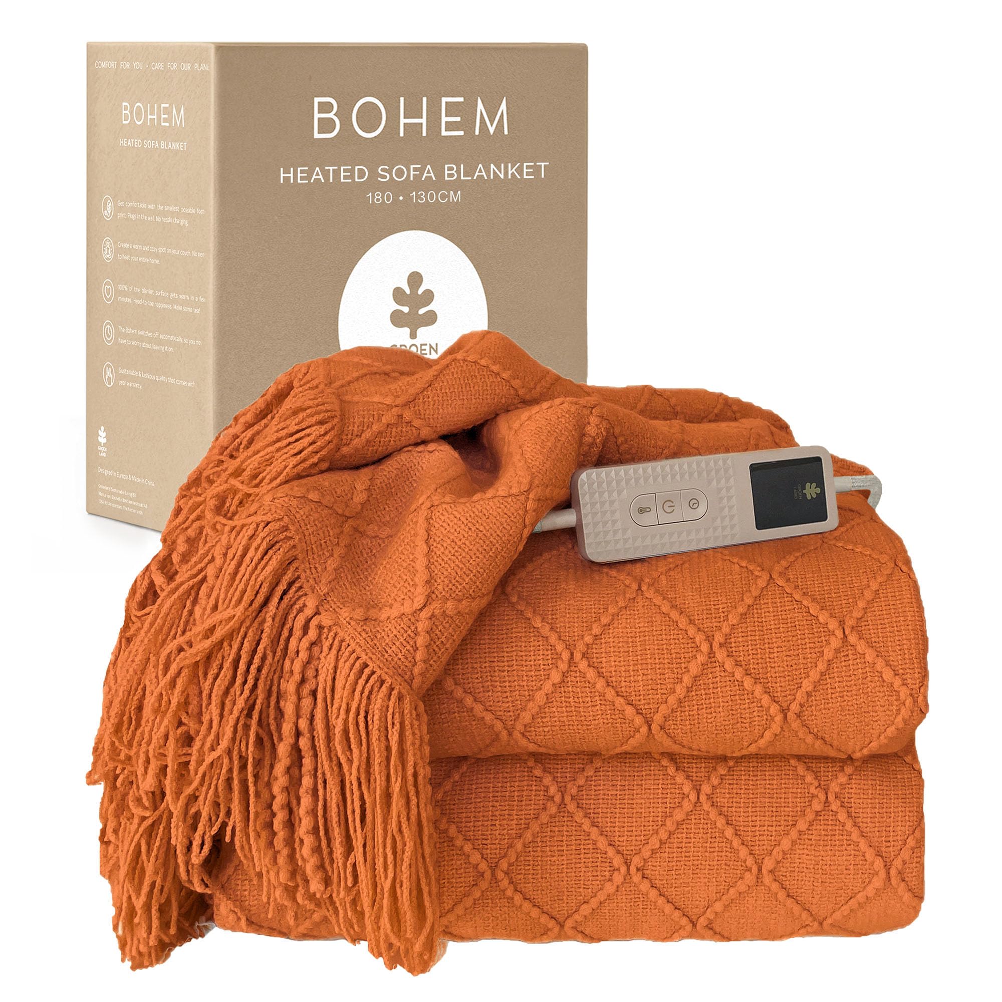 Groenland BOHEM Electric Heated Blanket 180 x 130 cm – Double Electric Throw Blanket with 9 Heat Levels & timer – Soft Heating Over-Blanket, Machine Washable Heated Throw for Sofa & Bed