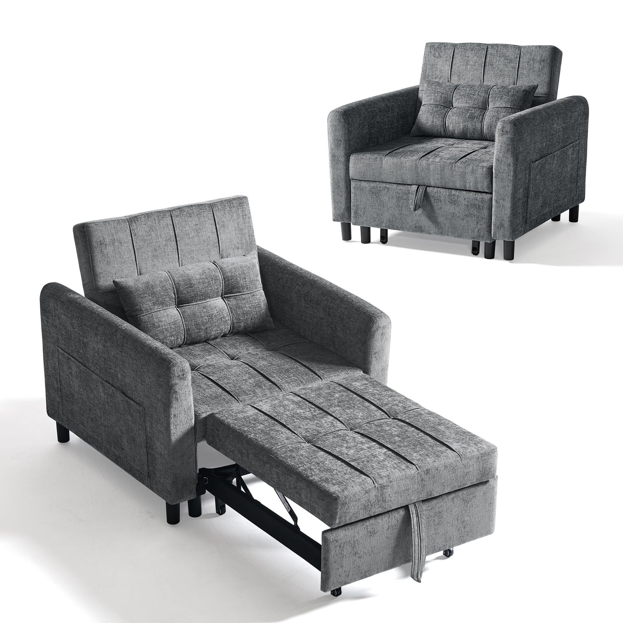 LINSY HOME 3-in-1 Sleeper Chair, 1-Seater Sofa with Sleep Function, Chenille Armchair Small with Cushion and Side Pocket for Small Apartment - Sleeping Area 74 x 190 cm ⟮Grey⟯