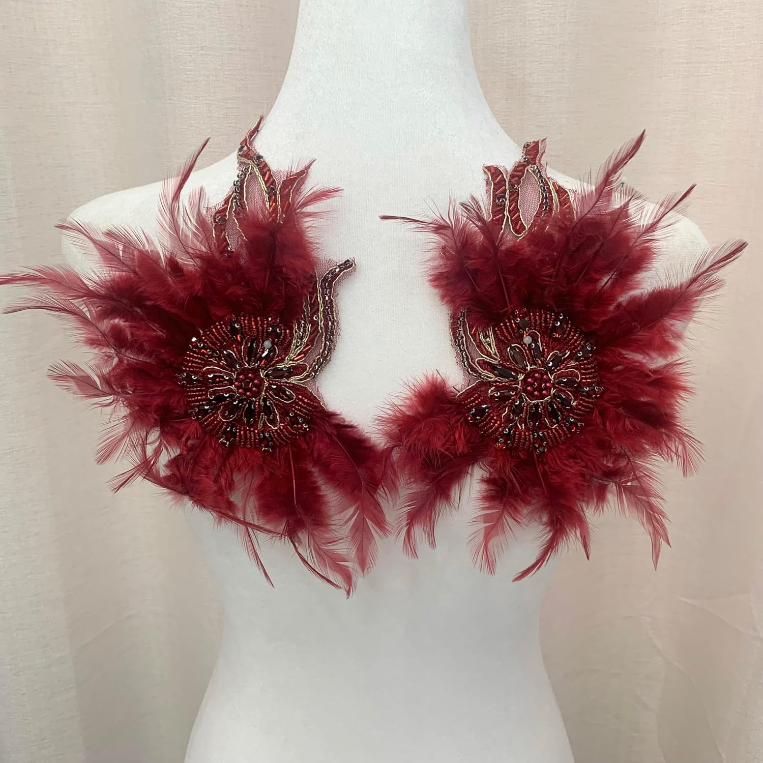 1 Pair Burgundy Feather Rhinestone Applique, Dress Appliques,Rhinestone Applique for Dress, Wedding, Costume Decoration Accessory Patch (Feather Applique - Burgundy)