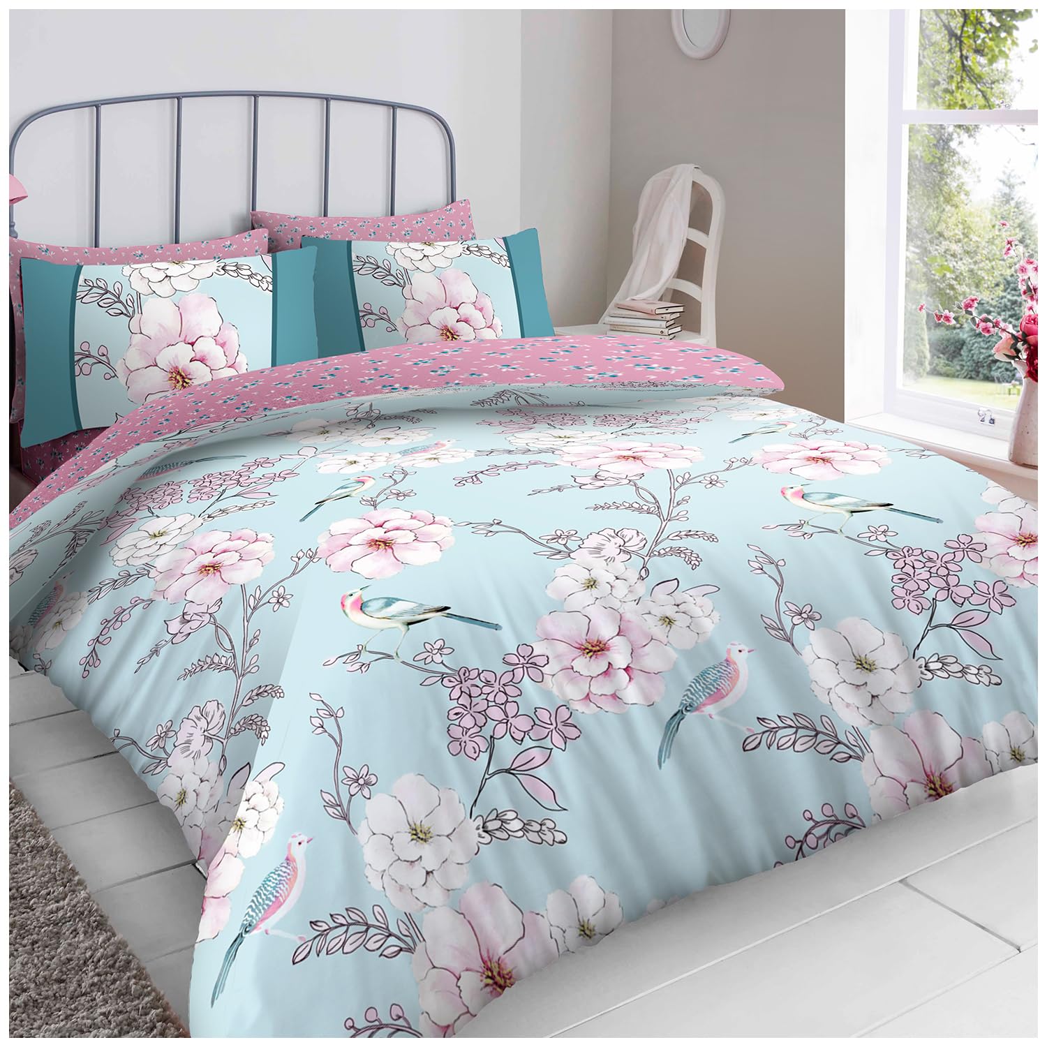Gc Gaveno Cavailia Gabby Blue Blossom Printed King Size Duvet Cover Sets With Pillowcases, Breathable Printed Botanical Bed Set, Reversible Sparrow Blue Bedding Set