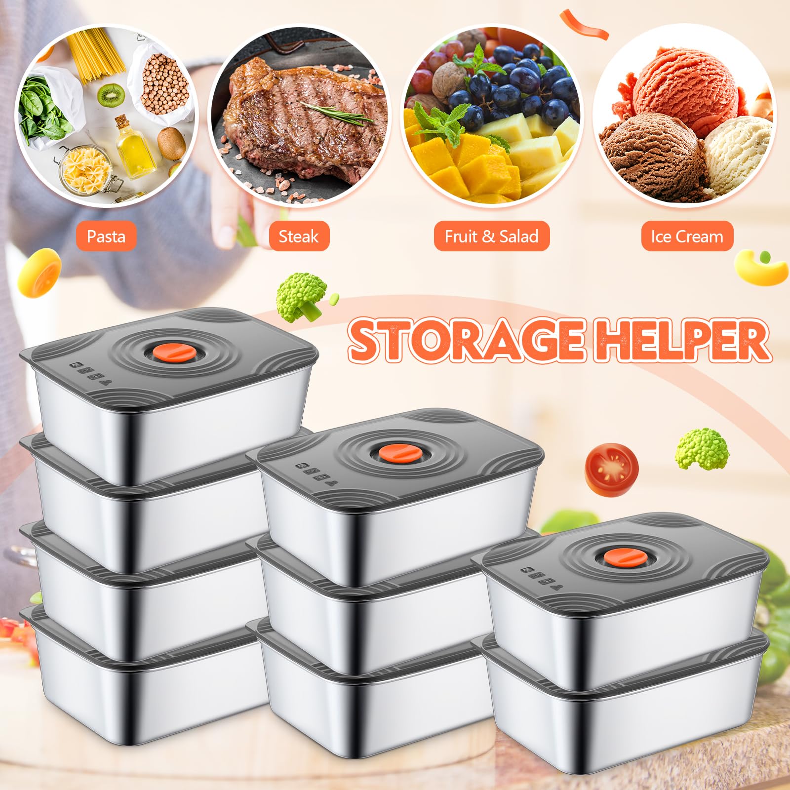 Layhit 16 Sets, 16 Sets, Edelstahl-Frischhaltedosen mit Deckel, groß, wiederverwendbar, stapelbar, Metallbehälter, rechteckig, Obst-Lunchbox für Picknick, Reisen, spülmaschinen- und gefriergeeignet