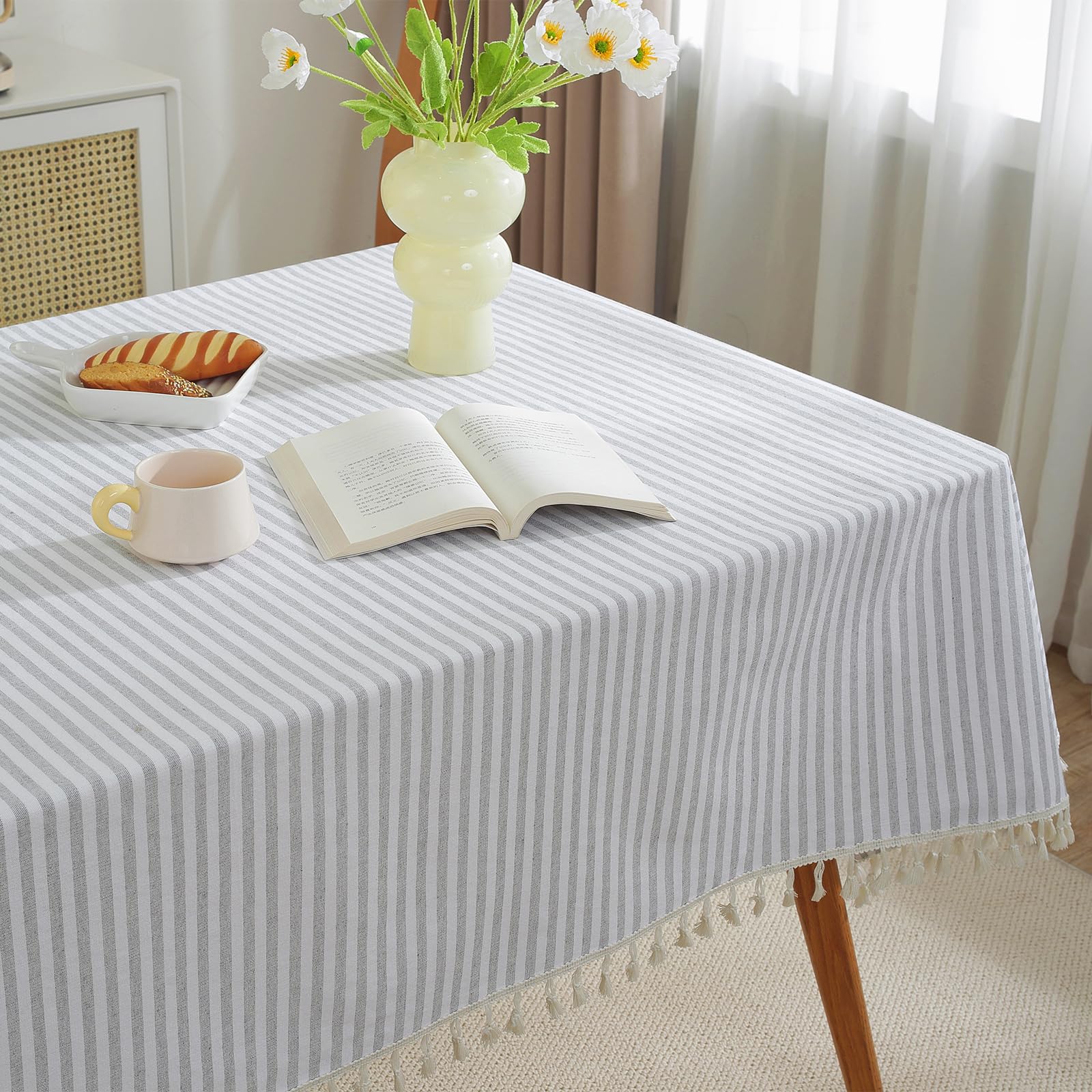 meioro Tablecloths Striped Tassel Table Cloth Rectangular Tablecloth Cotton Linen Table Cover Suitable for Home Kitchen Decoration (Grey/White Stripes - Image 2