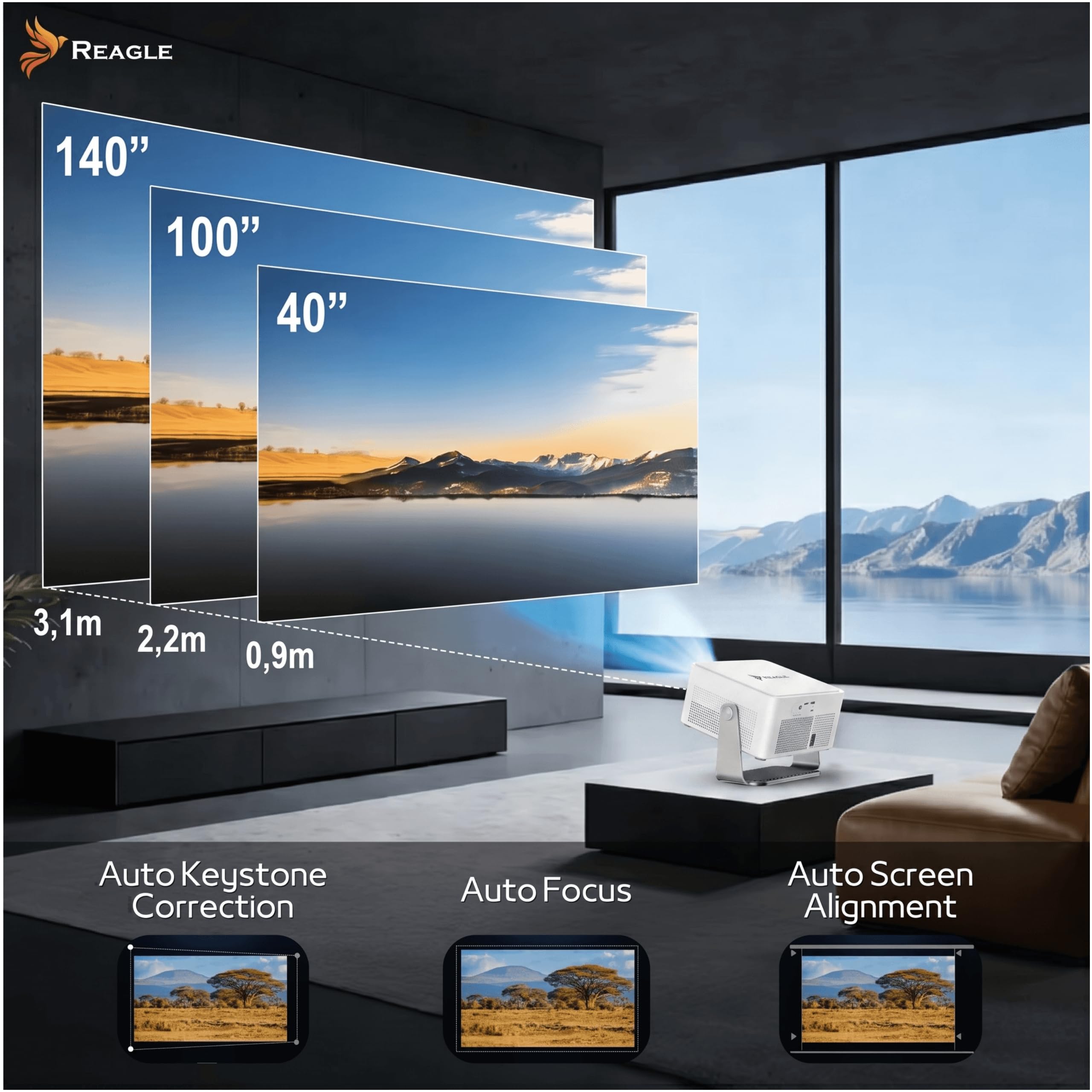 Reagle R-MOVIELUM-P60 Proiettore Smart Android 14 Full HD 1080p 4K Upscaling 1100 ANSI LED 140 Pollici WiFi 6 Bluetooth 5.4 Autofocus Keystone HDMI USB 180° Home Cinema