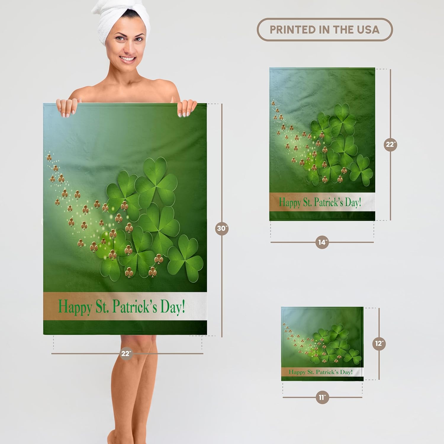 3dRose Beautiful Green and Gold Shamrocks, Happy St. Patricks Day 22x30 Bath Hand Pool Towel