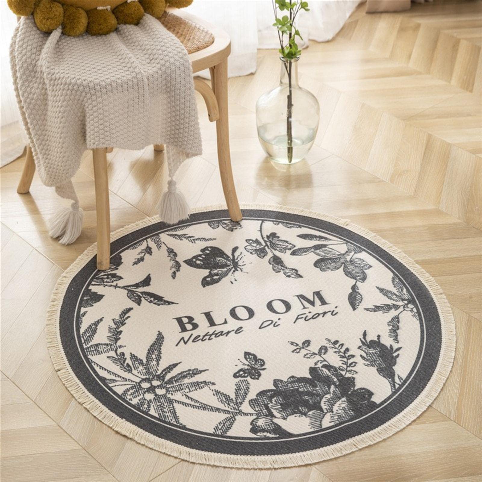 GueTTO Tapis Rond en Coton bohème à Franges Pompons, tissé à la Main Motif Floral Vintage, Tapis décoratif pour Salon Chambre Cuisine et décoration intérieure de la Maison,K,180cm/5.9 ft