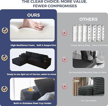 MAXYOYO 104 Modular Sectional Couch with L-Shape Chaise, Modern Boneless Couch for Living Room, Sofa in A Box, Oversized Sofa with Deep Seat, No Assembly Required, Black