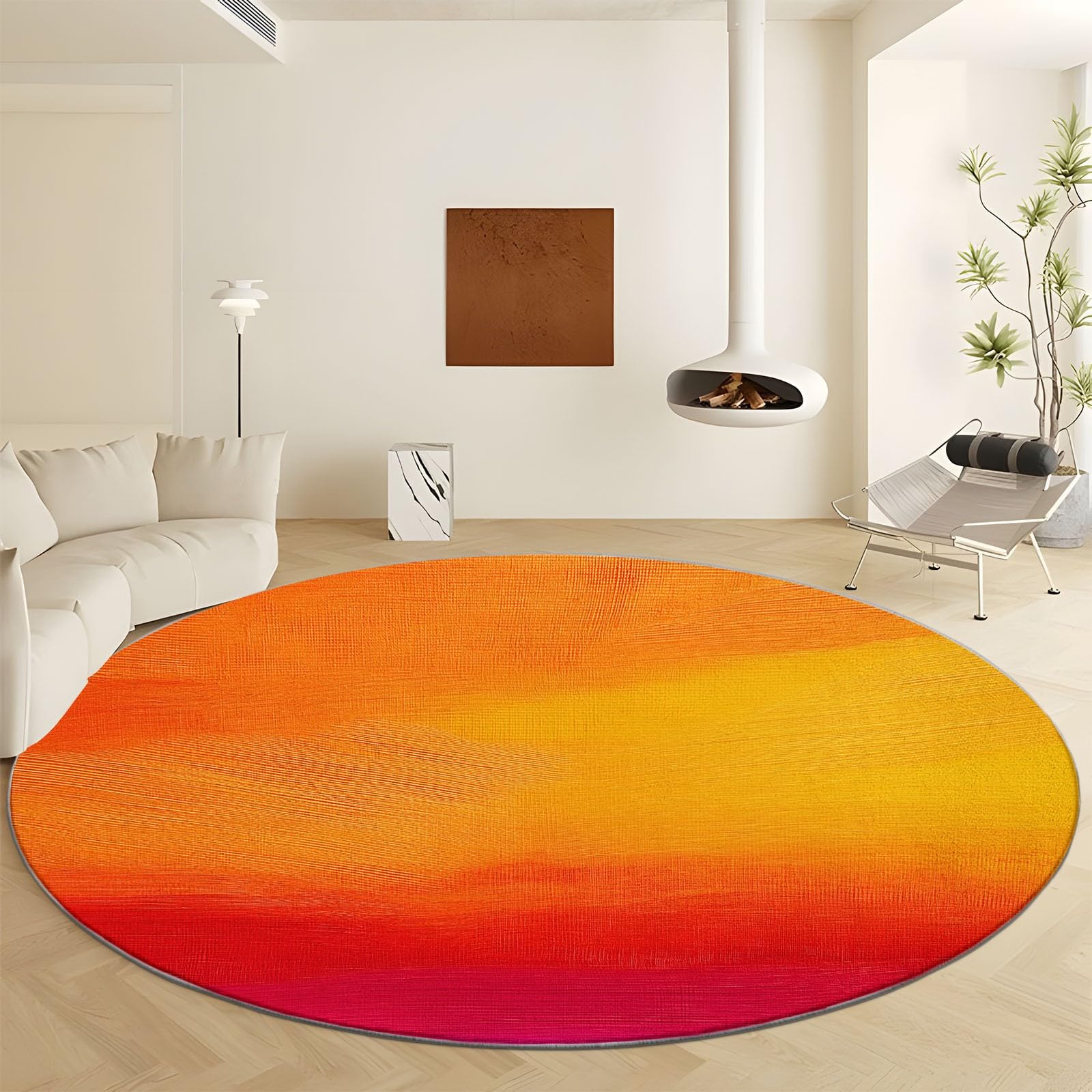 Kuscheliger Kurzflor Rund Teppich 120 cm, Robuster Wurfteppich mit Einfach Sonnenuntergang Farbverlauf aufgedrucktem Muster - Anti-Rutsch-Unterseite und ideal als Indoor Akzent (Orange-Rot)