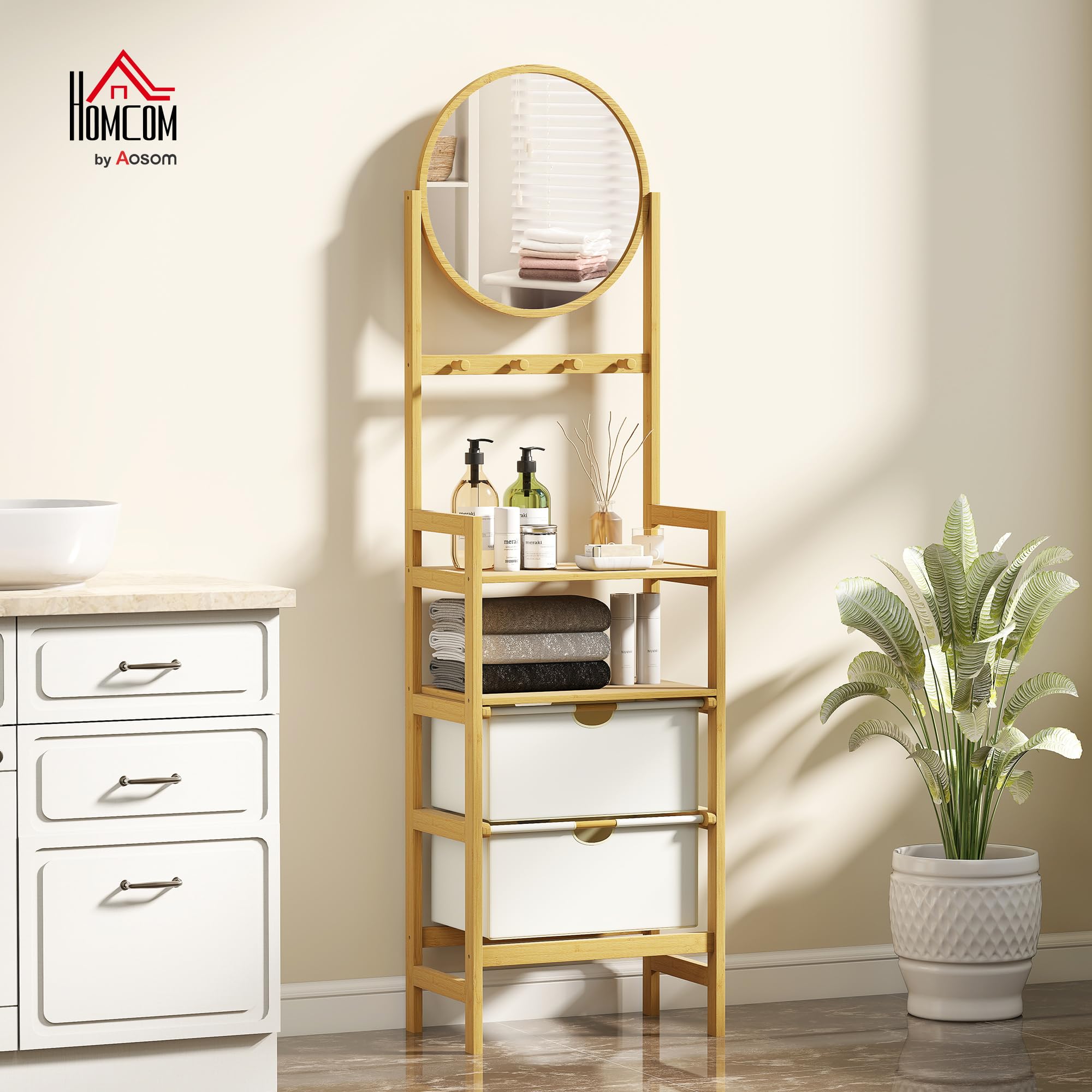 HOMCOM Estantería de Baño de Bambú con Espejo Estantería de Almacenaje con 4 Ganchos 2 Estantes Abiertos y 2 Cajones de Tela para Cocina Baño Salón 48,5x30x170 cm Natural