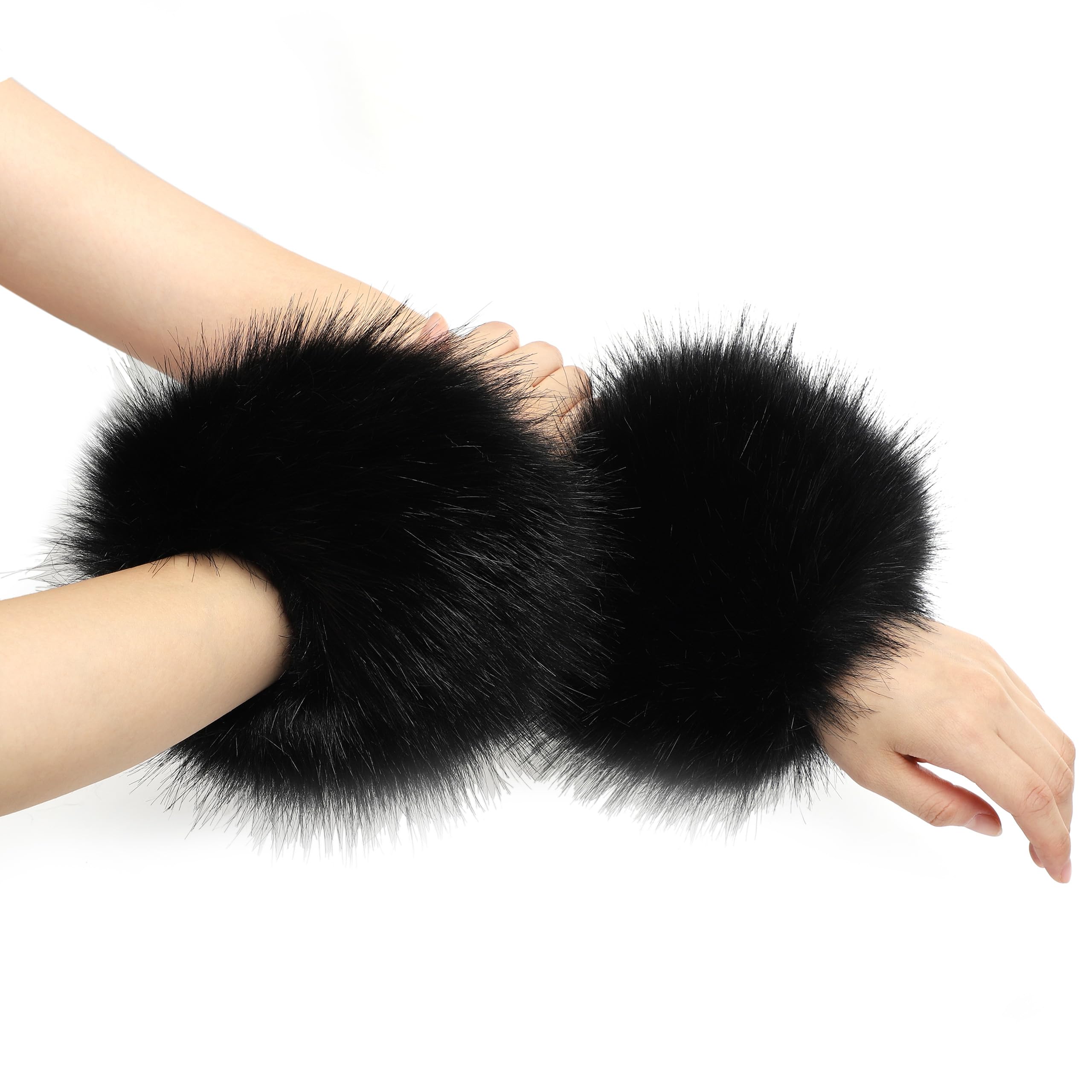 sy soul young Women's Faux Fur Wrist Cuffs Winter Fox Furry Wristbands Fluffy Fur Cuff Bracelet Arm Warmer Accessories