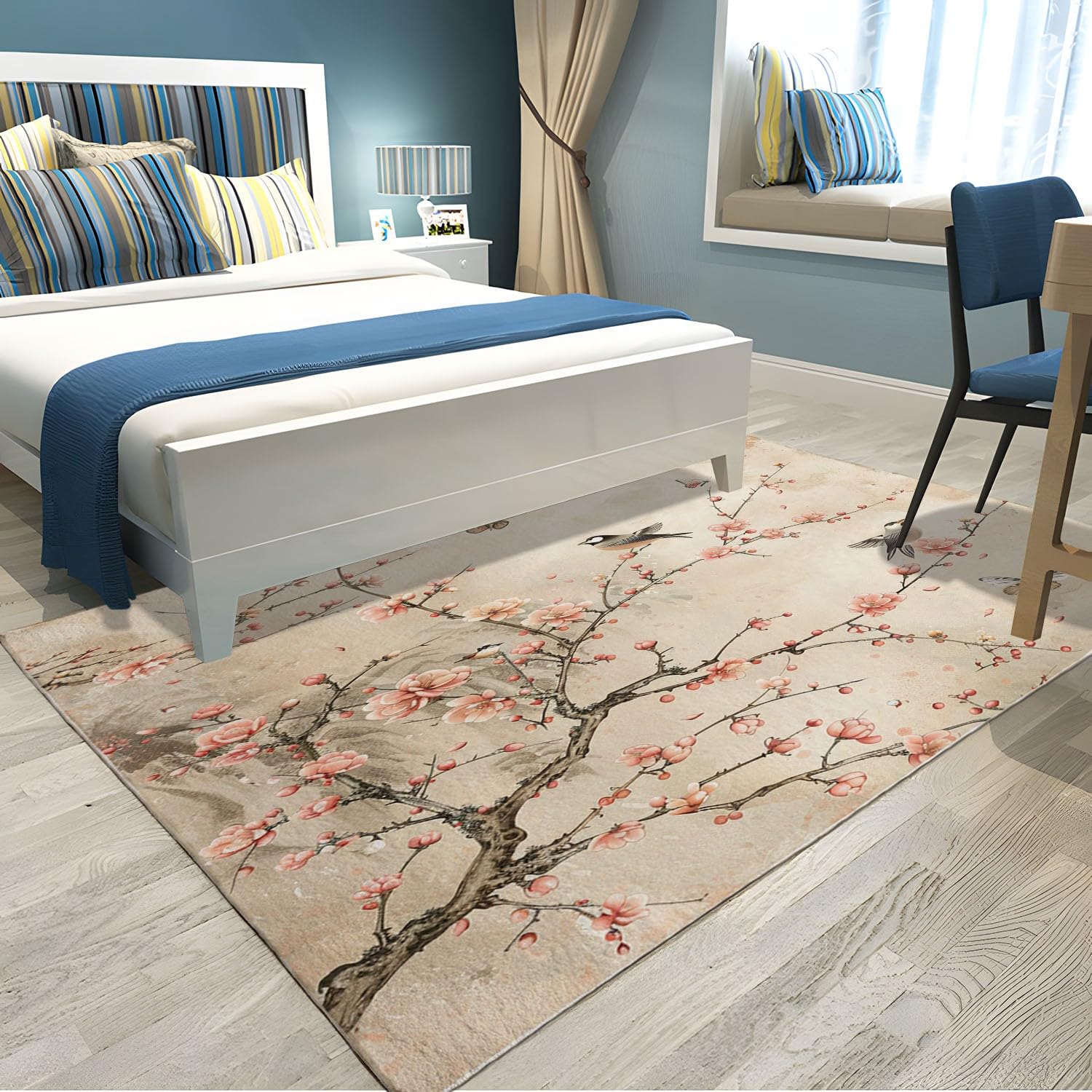 Generic Tapis Rectangulaire Poil Court 80x150 cm Multicolore Moderne Floral et Oiseaux Résistant aux Taches et Lavable en Machine pour Chambre, Salle à Manger, Bureau à Domicile, Cuisine, Salle