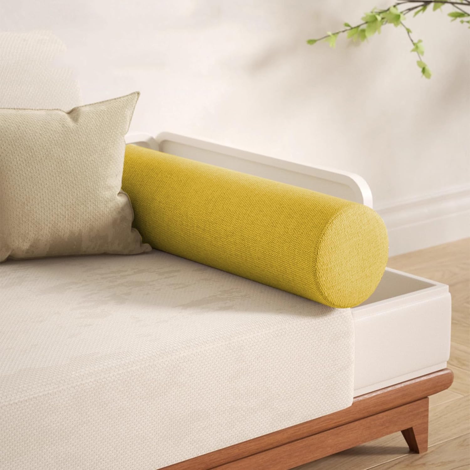 Round Sofa Armrest Support Cushions Furniture Armrest Pillows Head Lumbar Neck Pillows Cylinder Bolster Cushions with Removable Cover for Couch Bed Car Home (60 * 15cm,Beige)