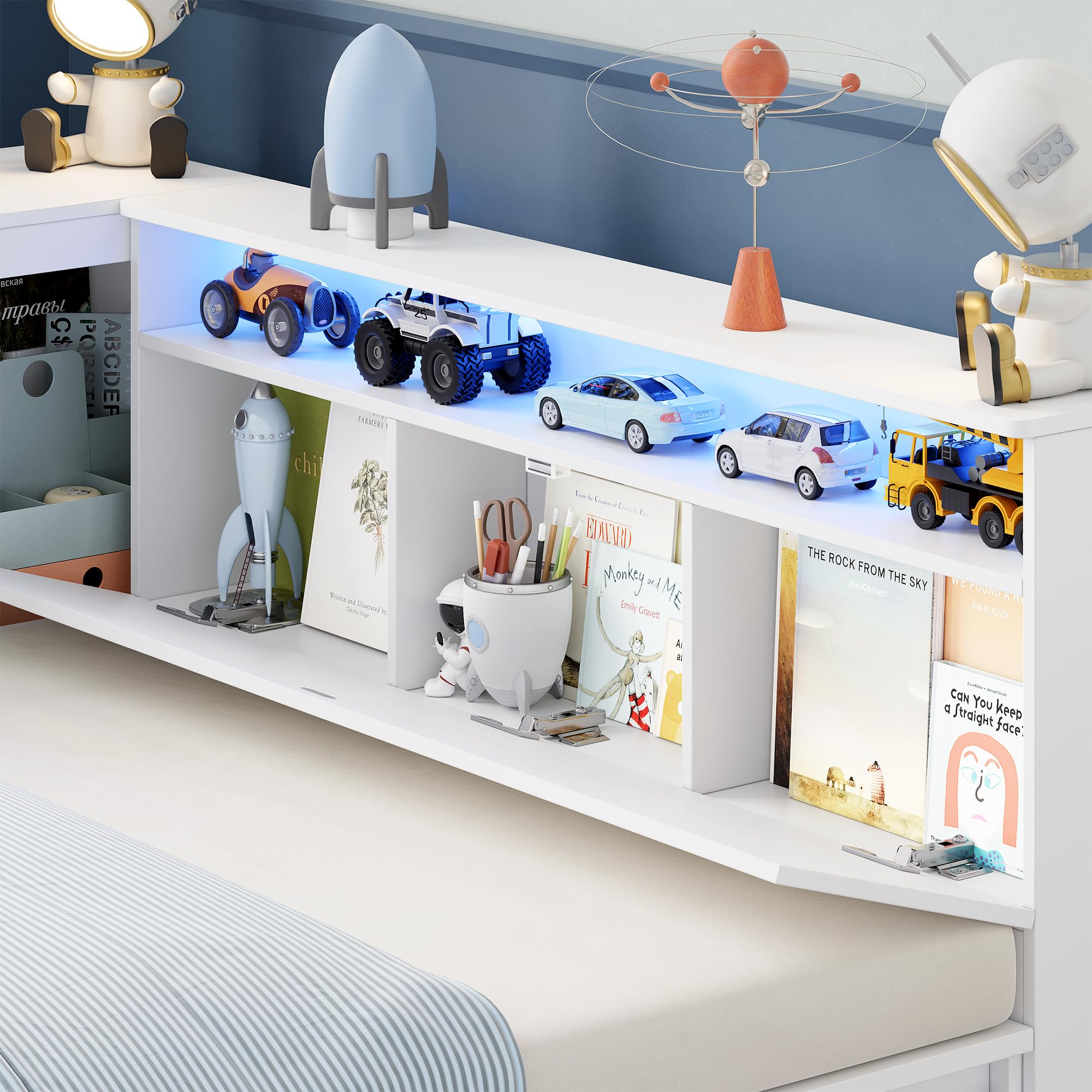 FOREHILL 90x200 cm Letto Montessori Bambini con Luci a LED, Letti Bambini con Libreria, Letto Singolo con 3 Cassetti e Scomparti Aperta, Letto da Adolescente, (Materasso non Incluso), Bianco