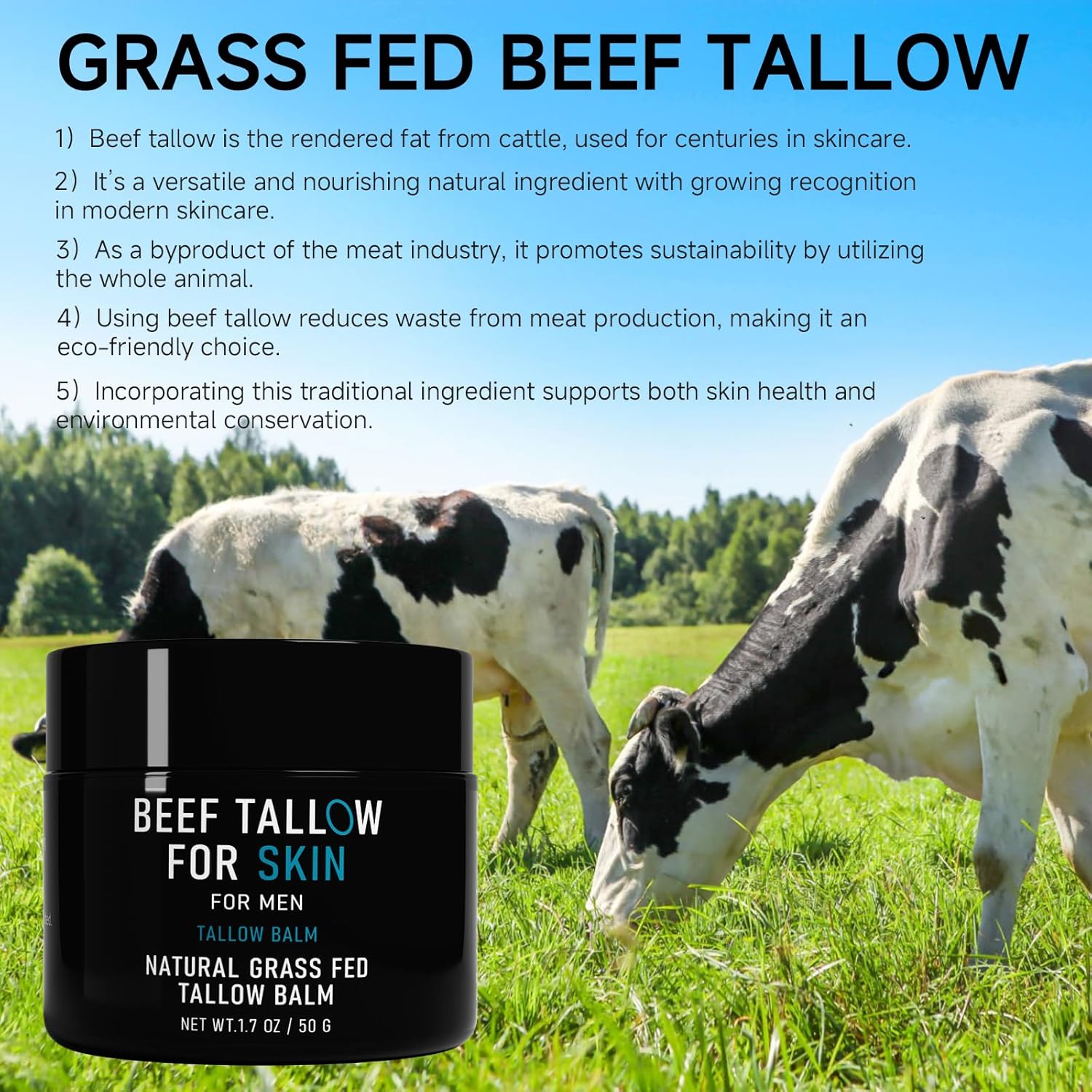 Beef Tallow for Skin, Beef Tallow Skin Care for Men, Mens Skincare Moisturizer for Face Neck Deeply Nourishing, Unscented Original Tallow Face Moisturizer for Men, 3.4 oz