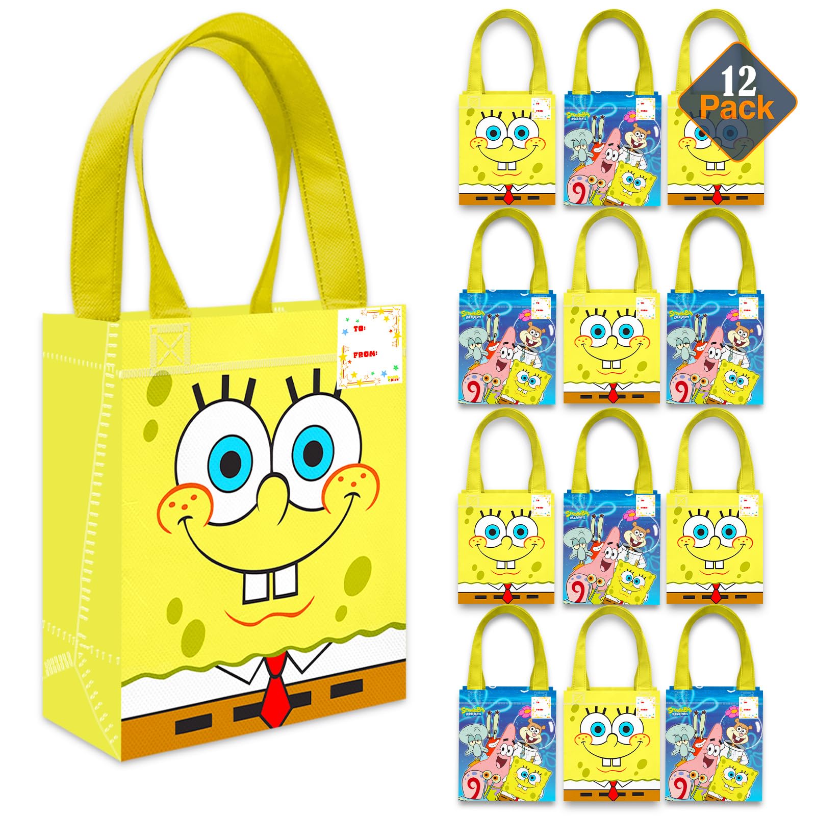 Party Favor Bags Set – 12 Pack of 8" Spongebob Party Goodie Bags for Kids Bulk Reusable Mini Totes | Birthday Party Supplies