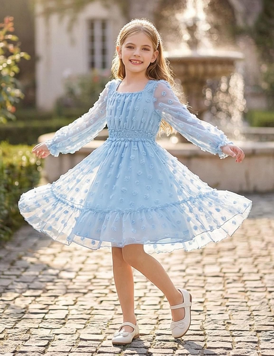 Arshiner Girls Dresses Long Sleeve Square Neck Swiss Dot Flowy Casual Party Dress - Image 7