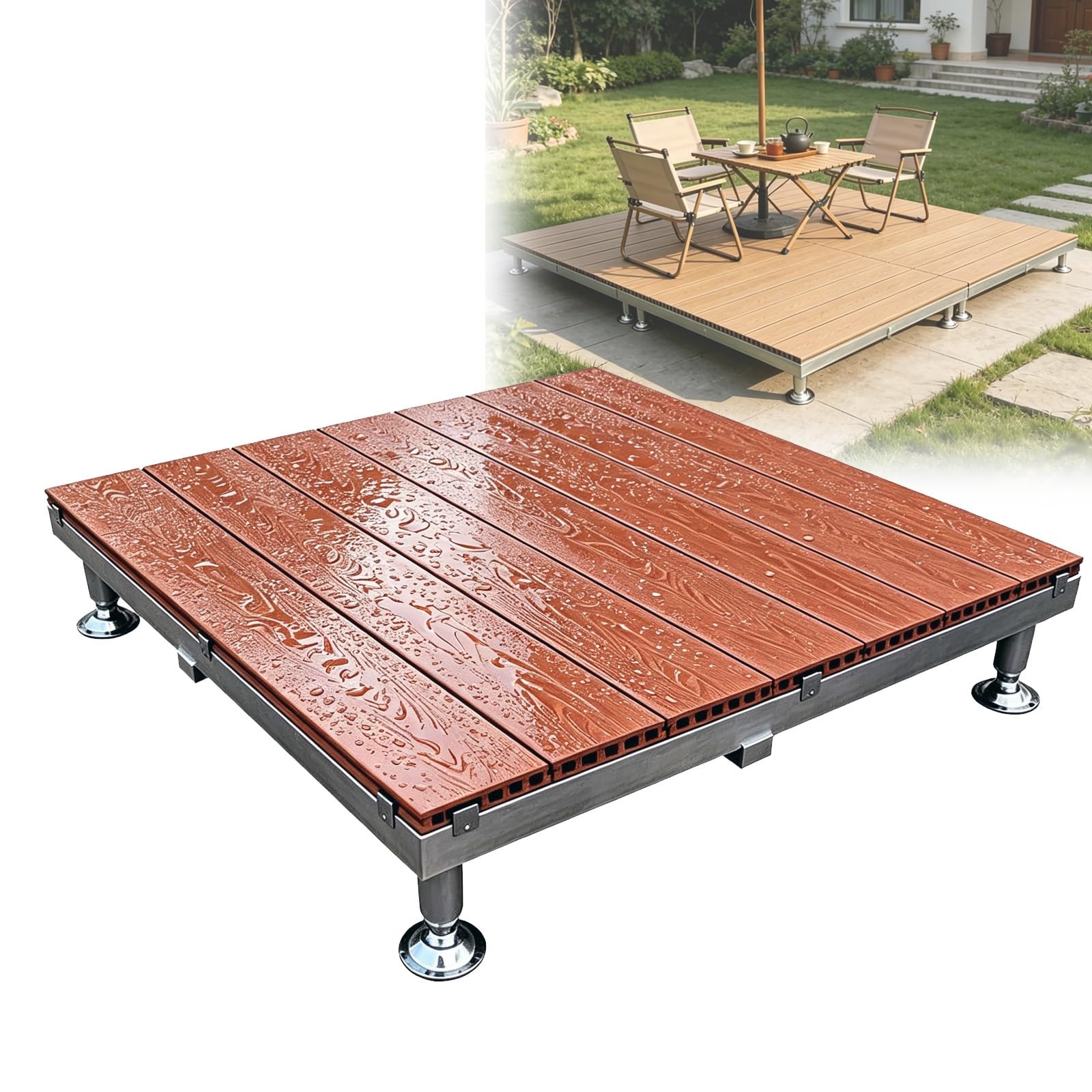 Pedana Rialzata Antiscivolo Per Esterno 84x84cm Piastrelle WPC Da Giardino | Piattaforma Modulare Con Piedini Regolabili Per Patio Tetto Terrazza Balcone Campeggio, Portata 500Kg/m²(Brown)