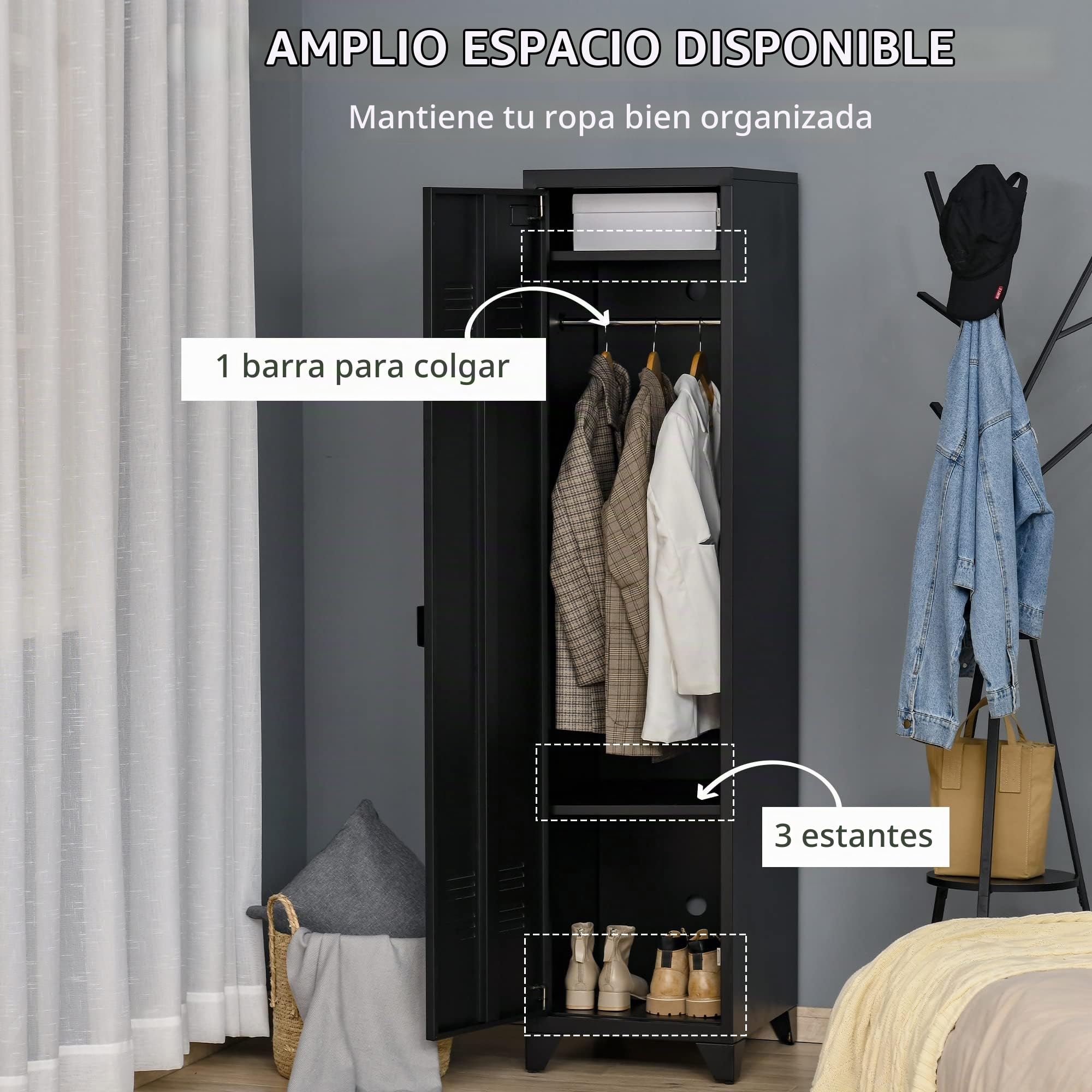 homcom Armario metálico de estilo industrial con una puerta, mueble multiusos para entrada y dormitorio, 43 x 50 x 180 cm, negro
