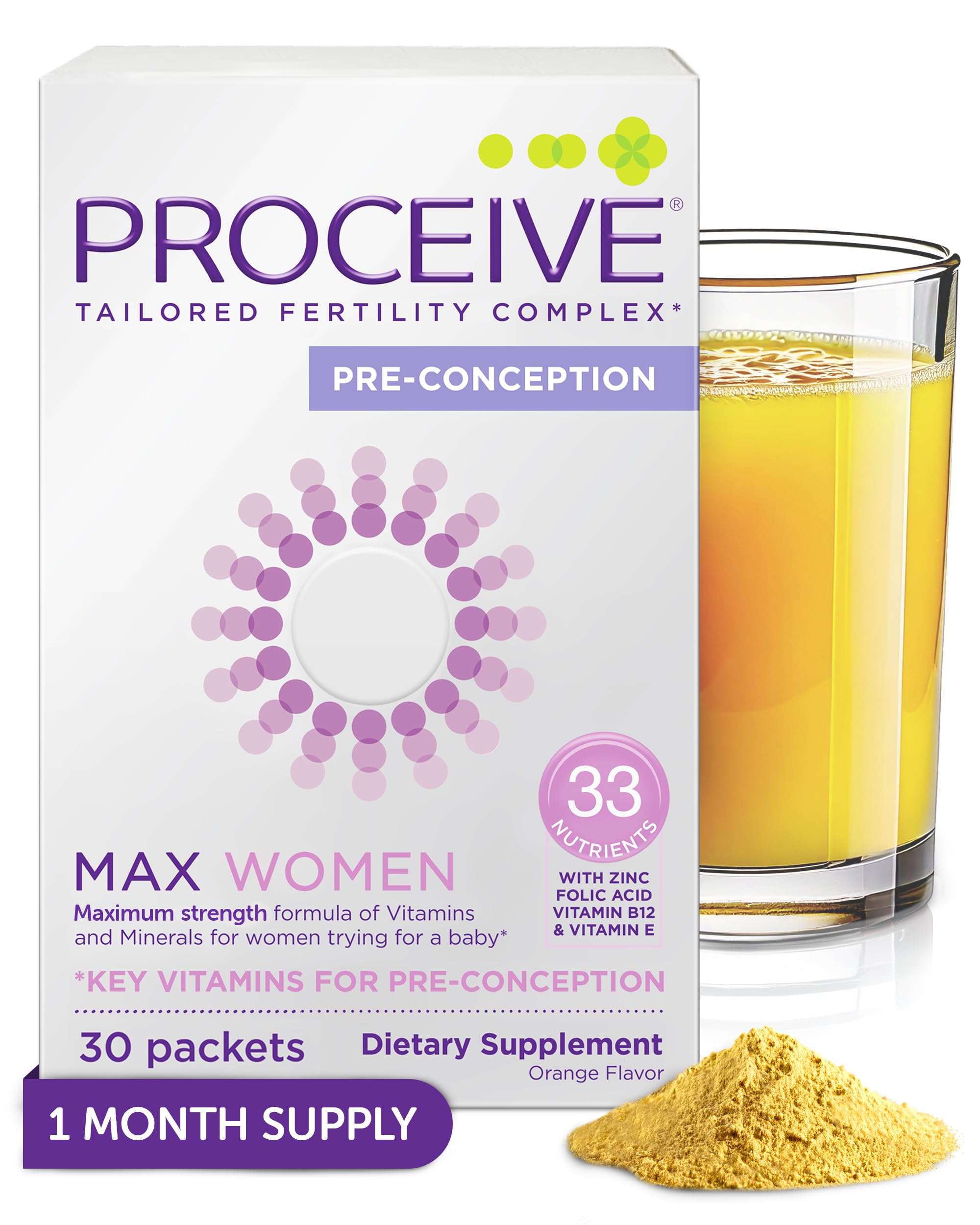 Proceive Max Tailored Fertility Supplement for Women, Pre Conception Vitamins, Minerals, and Amino Acids with Vitamin D, Zinc, Myo Inositol, and Folate, 30 Vegan Drink Mix Packets, Orange Flavor