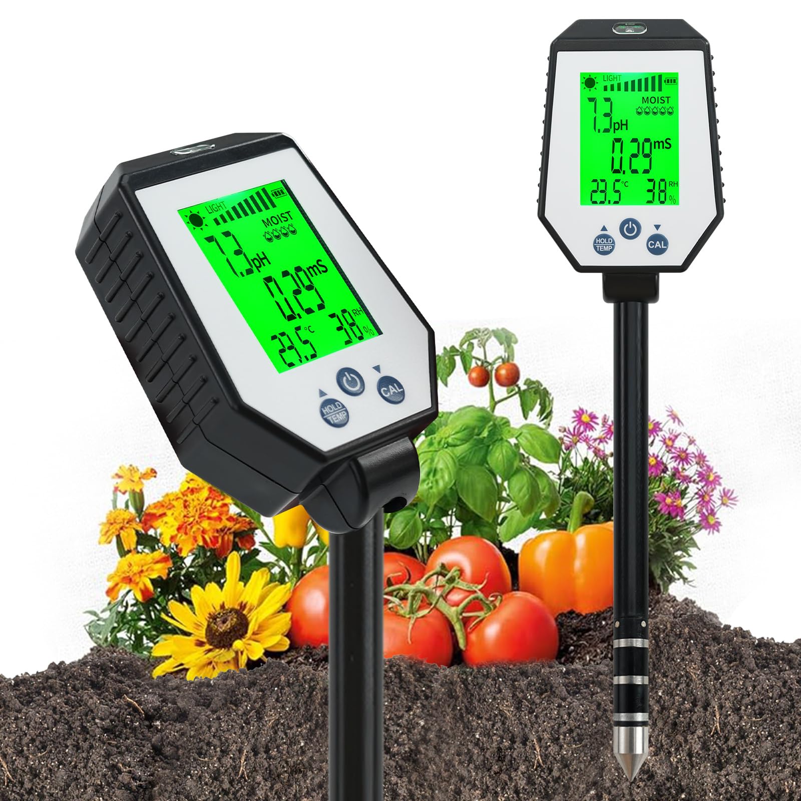 Comprobador de suelo digital giratorio 6 en 1: medidor preciso de PH, humedad, temperatura, luz y Ec para interiores y exteriores, fermentación, granjas y céspedes