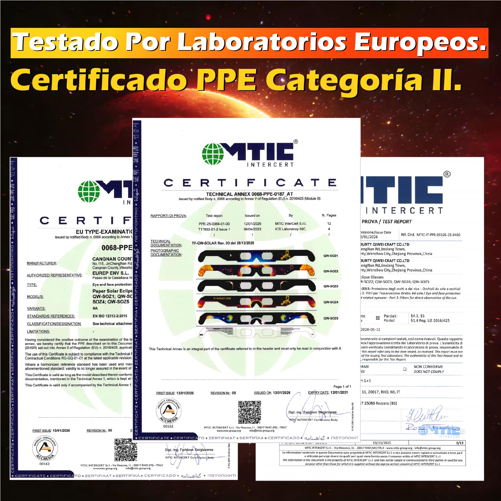 QIWEI gafas eclipse solar homologadas QW-SOZ5 [Pack de 4], Certificadas EN ISO 12312-2, Visores Solares Seguros para Observación Directa del Sol, Filtros de Alta Definición — view 3