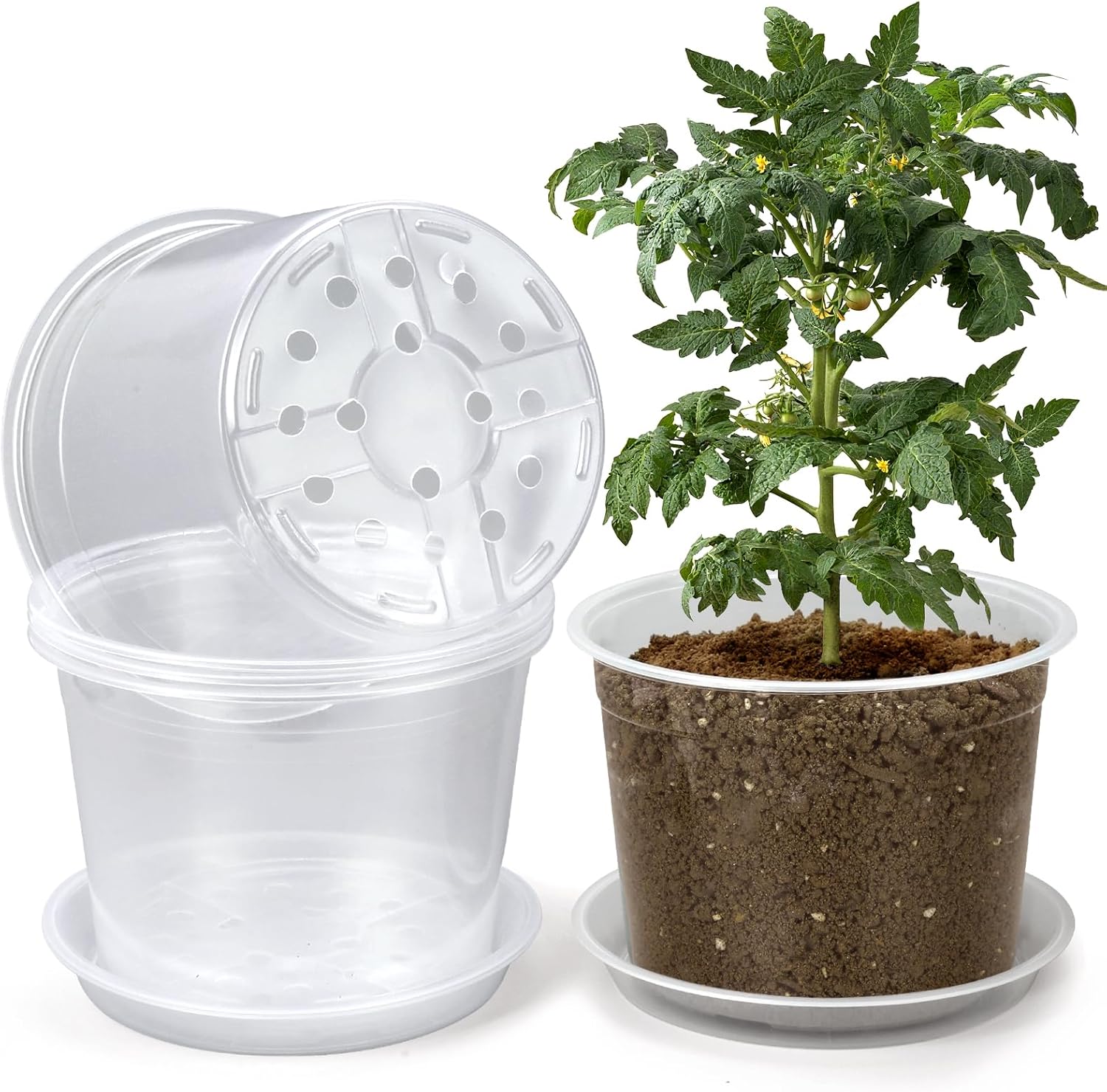 OUPSAUI 8 Inch Clear Nursery Pots with Drainage and Saucer, 5 Pack Large Plastic Pots for Plant, Seedling Starter Pot, Garden Pots for Succulents Flower Vegetables Herb