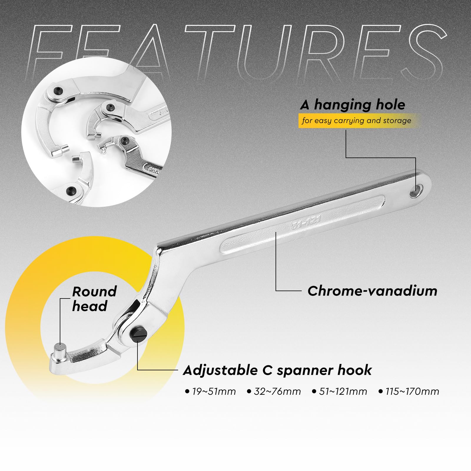 SWAWIS Tête Ronde Clé à Crochet Réglable en C Ensemble, 19-170mm, Acier au Chrome-Vanadium, Cle a Ergot pour Amortisseur Machines Mécaniques Compteur d'Eau