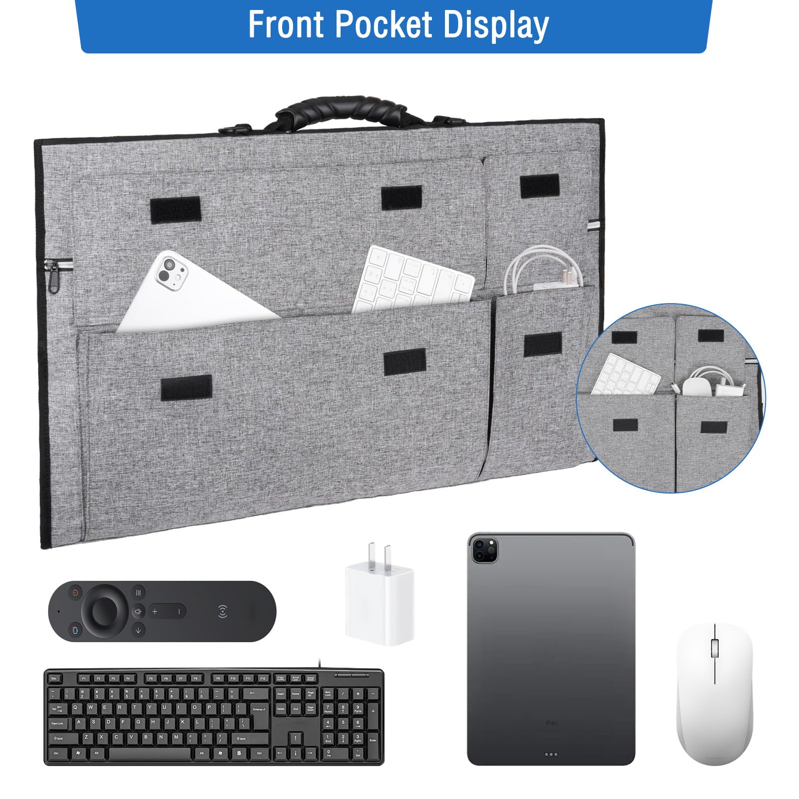 MOSISO Monitor Tragetasche, 27 Zoll Gepolsterte Monitor Reisetasche, Schutzhülle für Computer Monitore mit Verstellbarem Schultergurt & 3 Taschen für 27 Zoll Monitore, Grau