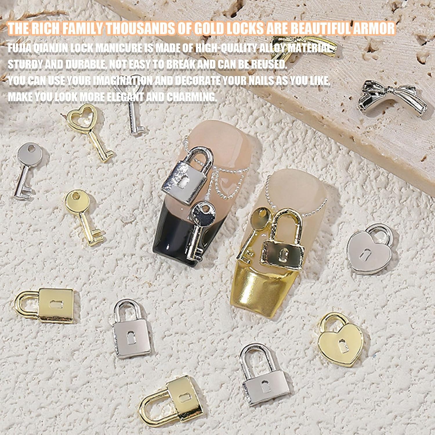 Nail Bow Charms, 60 Pcs Silver ＆ Gold Bow Heart Key Lock Shapes Nail Jewels Decorations, 3D Alloy Nail Jewelry for Women Girls DIY Crafts Jewelry Making