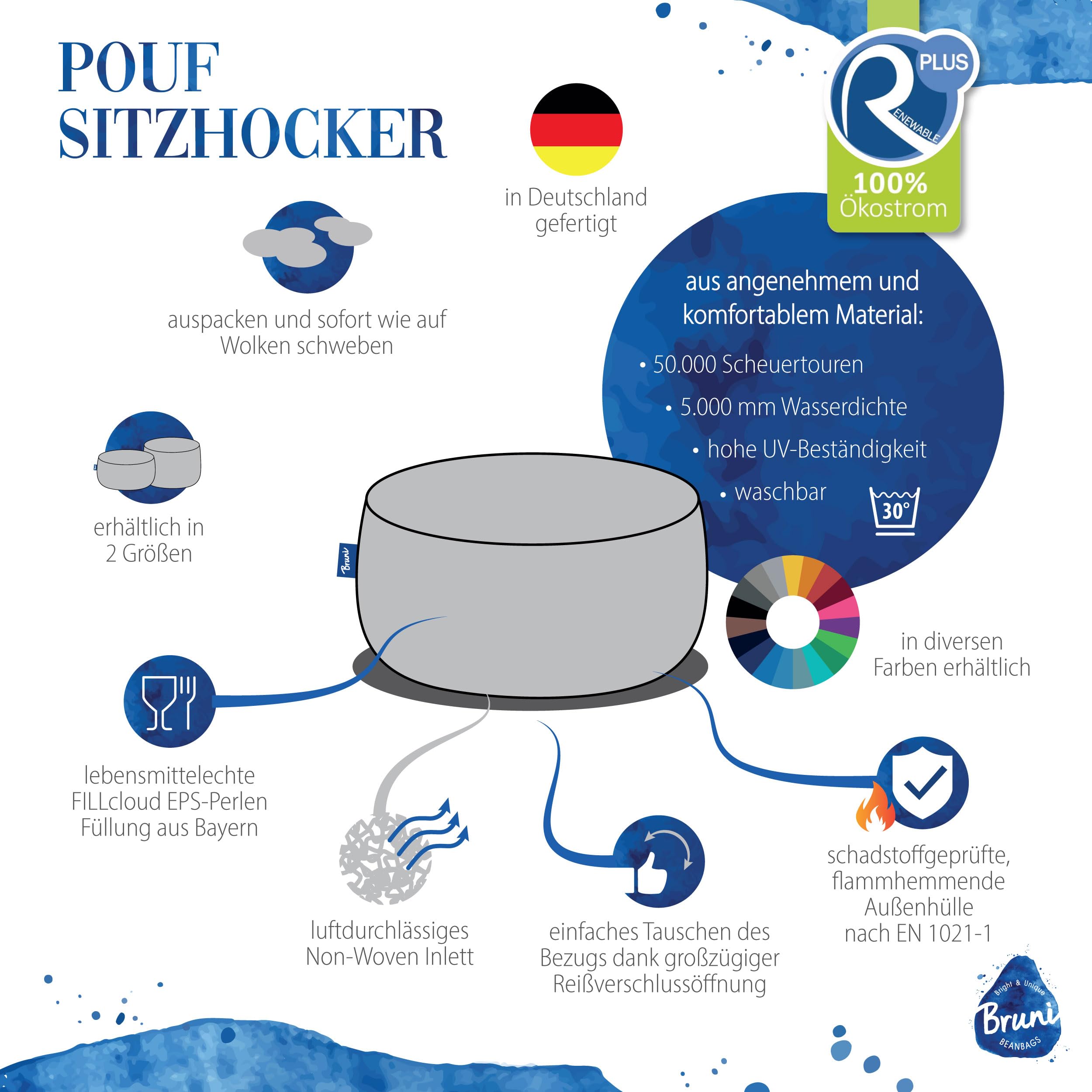 Bruni Pouf Sitzhocker L in Grau – runder Sitzpouf, Indoor und Outdoor als Fußhocker, Yoga-Sitzkissen, Meditationskissen geeignet, in Deutschland gefertigt