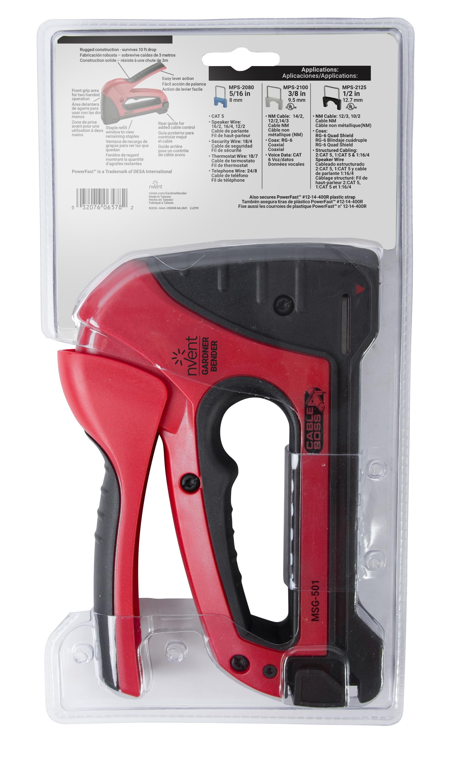 Gardner Bender MSG-501 Pistolet agrafeur de câble robuste de qualité professionnelle, sécurise les câbles coaxiaux (NM) et basse tension, rouge