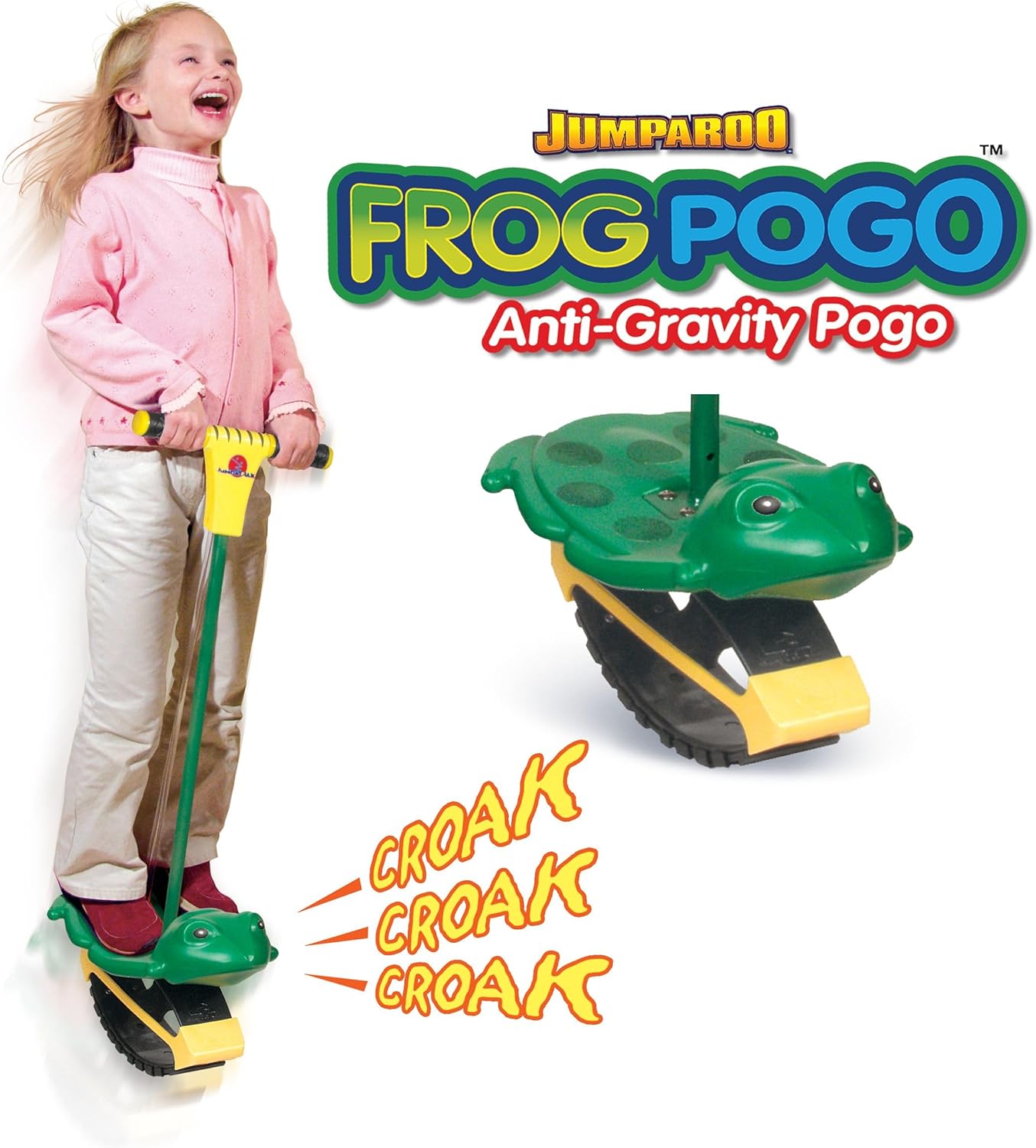 Geospace Jumparoo Frog Pogo Stick with Frog Sounds; for Young Kids 25 to 65 Lbs, Pogo Stick for Active Outdoor Fun Toy for Boys and Girls for Exercise, Balance, and Coordination