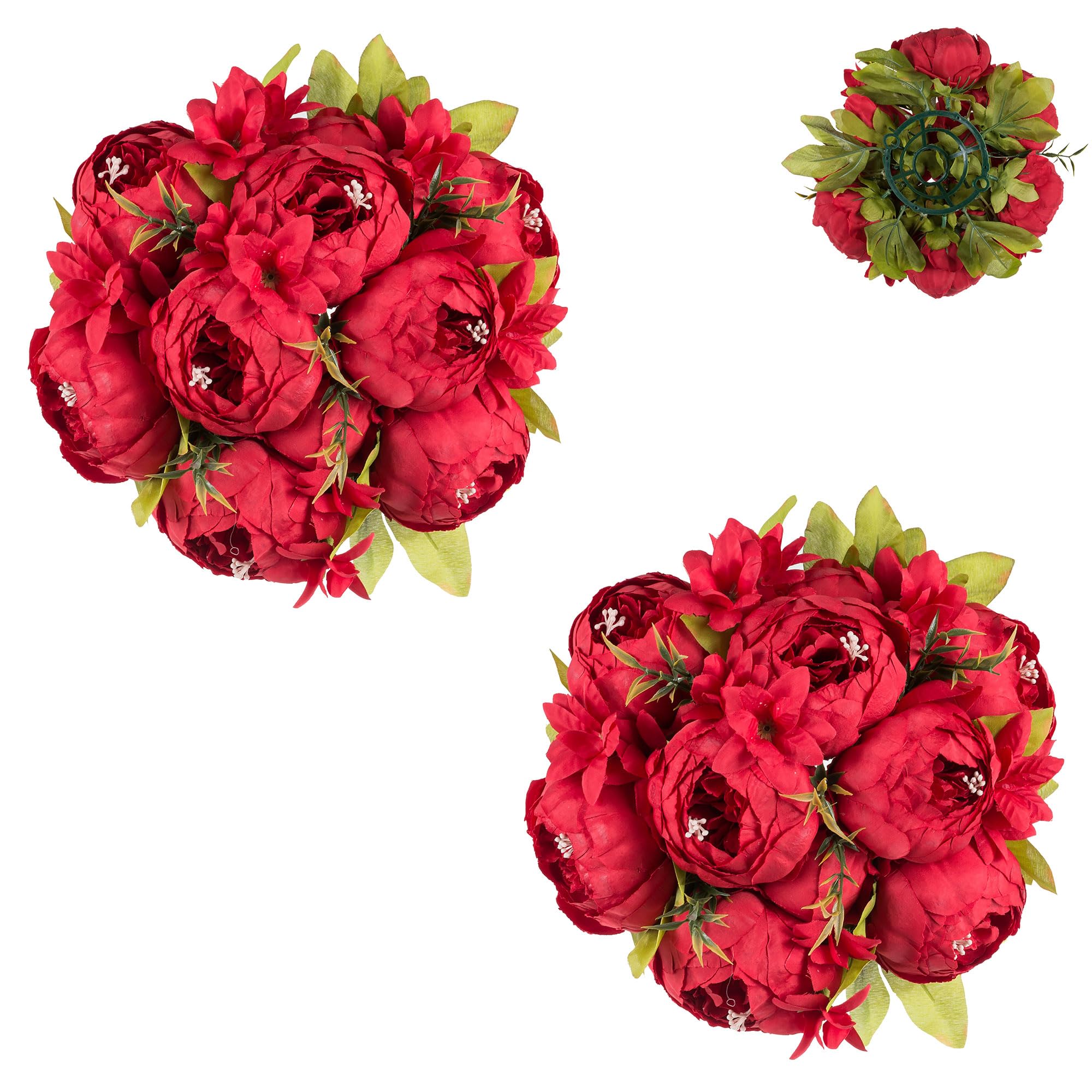 Fleurs artificielles mariage Blosmon : 2 boules de pivoines rouges pour deco table salon