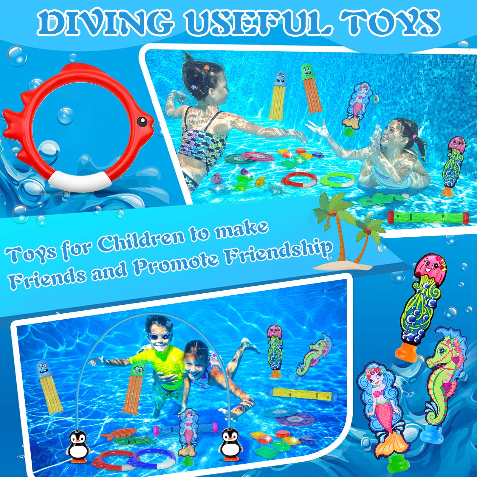ZLPBAO 45 Pièces Jouet de Plongée Piscine, Jeux Piscine Enfant Jeu Exterieur Enfant Cadeau Garçon Fille 3-12 Ans, Anneaux de Plongée,Torpedo Bandits avec Un Sac, Enfants L'entraînement sous-Ma