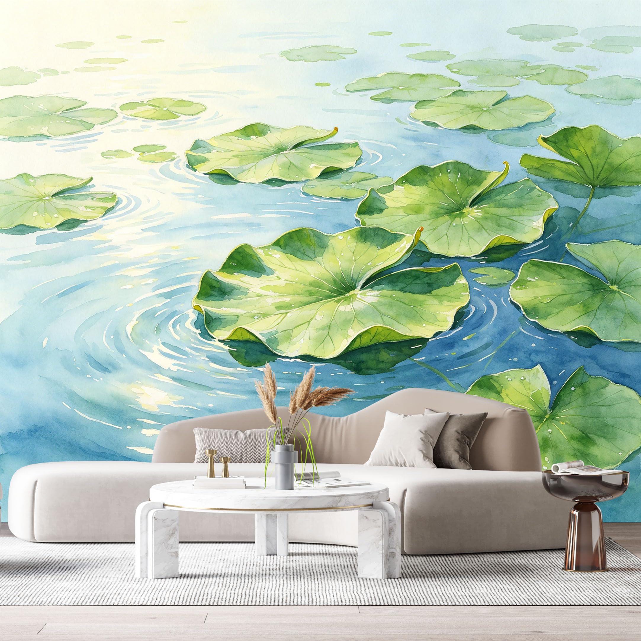 Custom Size Wall Murals Watercolor Lotus Pond Botanical Green Leaves Reflection SelfAdhesive Wall Fabric Removable Large Wallpaper for Photo Living Room