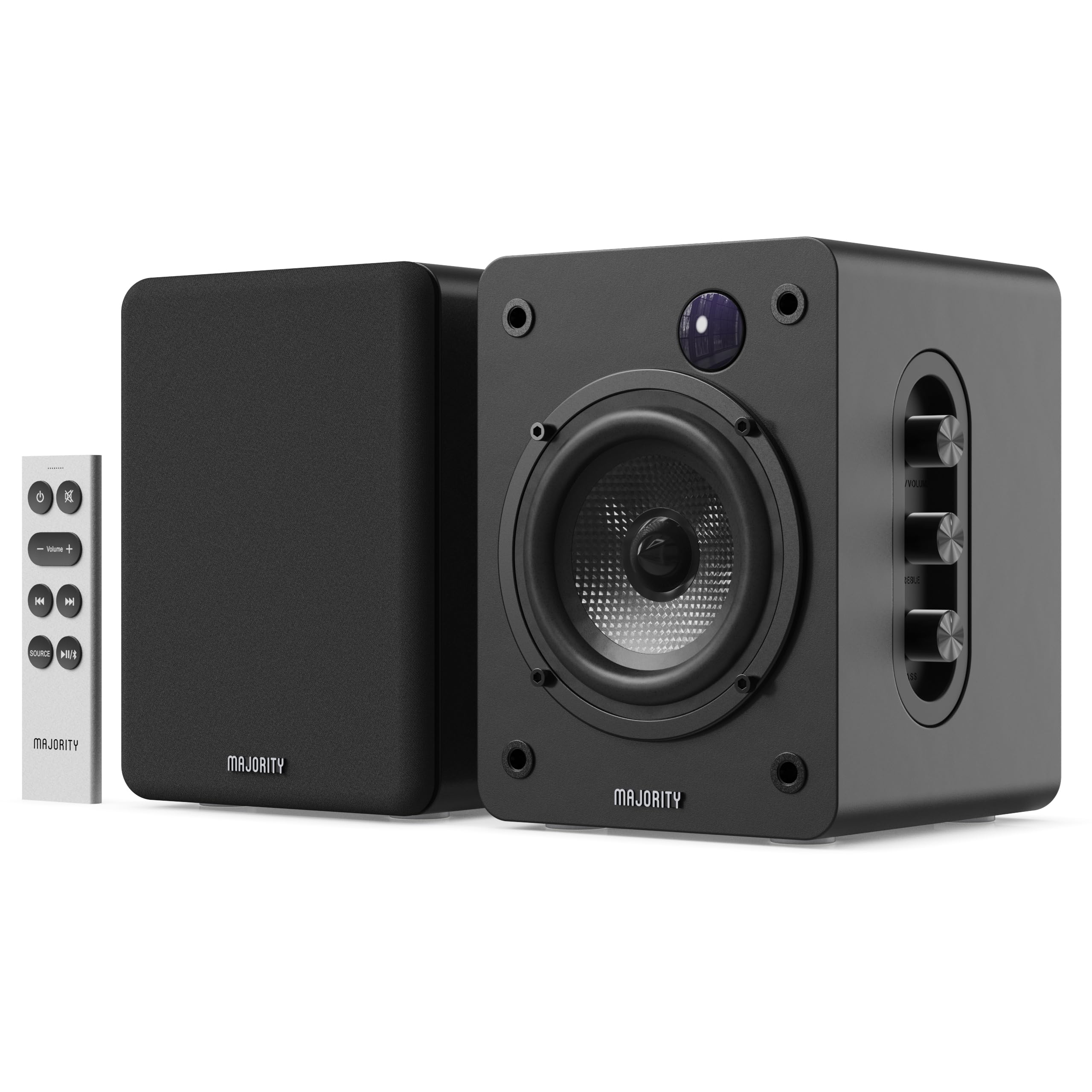 MAJORITY D50X Altavoces Activos 2.0 de 60W para PC | Altavoces HiFi de estantería con Bluetooth 5.3, HDMI ARC y AUX | Monitores de Estudio con chasis de Fibra de Carbono (Negro)