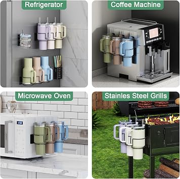 Magnetic Cup Holder for Fridge, Aufworld Tumbler Organizer Fits 20/30/40 oz Stanley Cups, Accessory Storage with Lid & Straw Holder, Space-Saving Storage Rack for Kitchen Fridge (Black-Cup Holder Set)