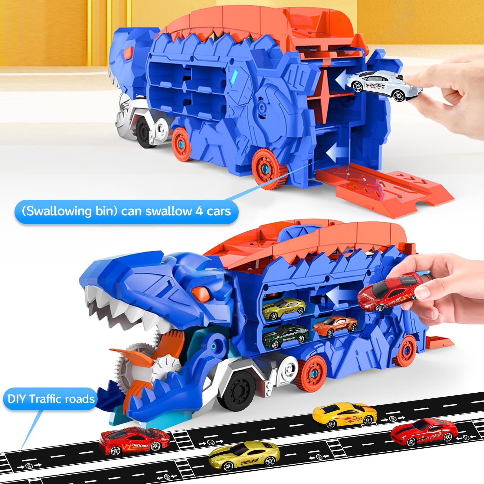 Juguetes para Camiones de Dinosaurios, Portátil Pista De Carreras Camión Juguete Coche con 8 Coches De Carreras, Camiones transportador de Juguete de 3, 4, 5, 6,7,8 años niño — view 4