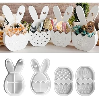 Pack of 4 Silicone Moulds Casting Moulds Easter for Small Flower Basket Rabbit Casting Moulds Silicone Mould Easter Spring for DIY Easter Decoration Crafts Money Gift Ornament Style A