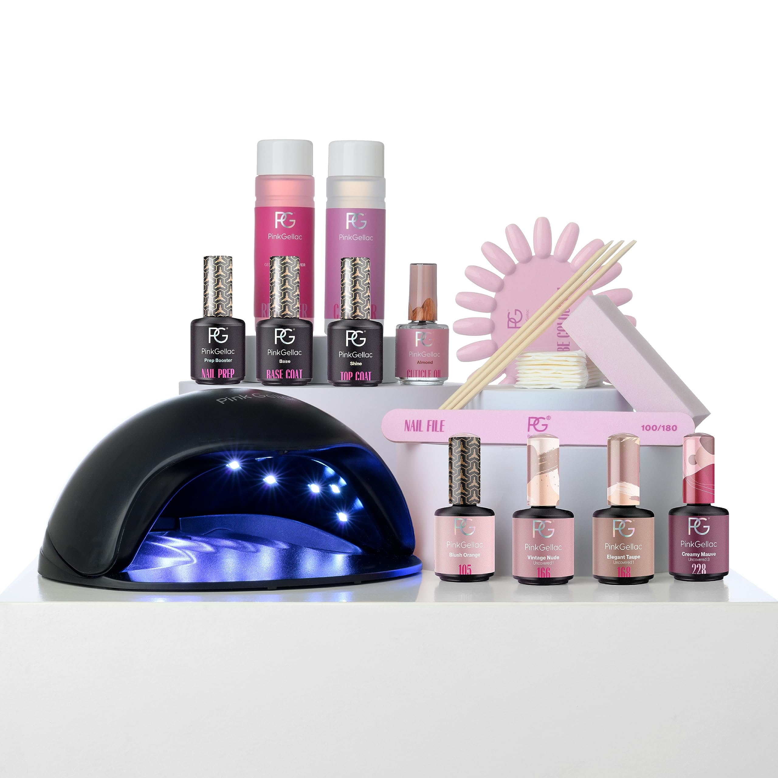 Pink Gellac Kit Vernis Semi Permanent - Manucure Kit Semi Permanent Complet avec Premium Lampe UV LED Noir, 4x Teintes Roses 15 ml, Top & Base Coat Gel UV, Dissolvant et Cleaner de Qualité Salon