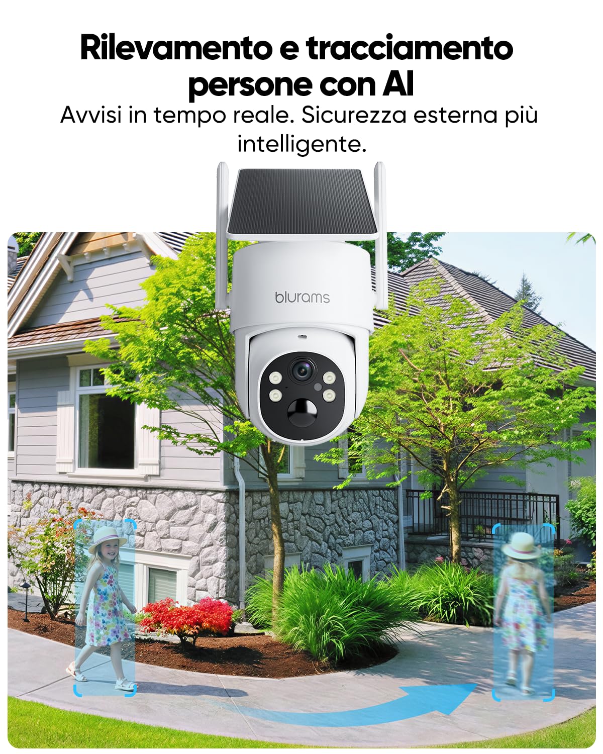 blurams 2K Telecamera Wi-fi Esterno Senza Fili con Pannello Solare | 4MP, Pannello Solare Integrato, 5GHz & 2.4GHz WiFi6, 360° PTZ, Rilevamento Movimento, IP65