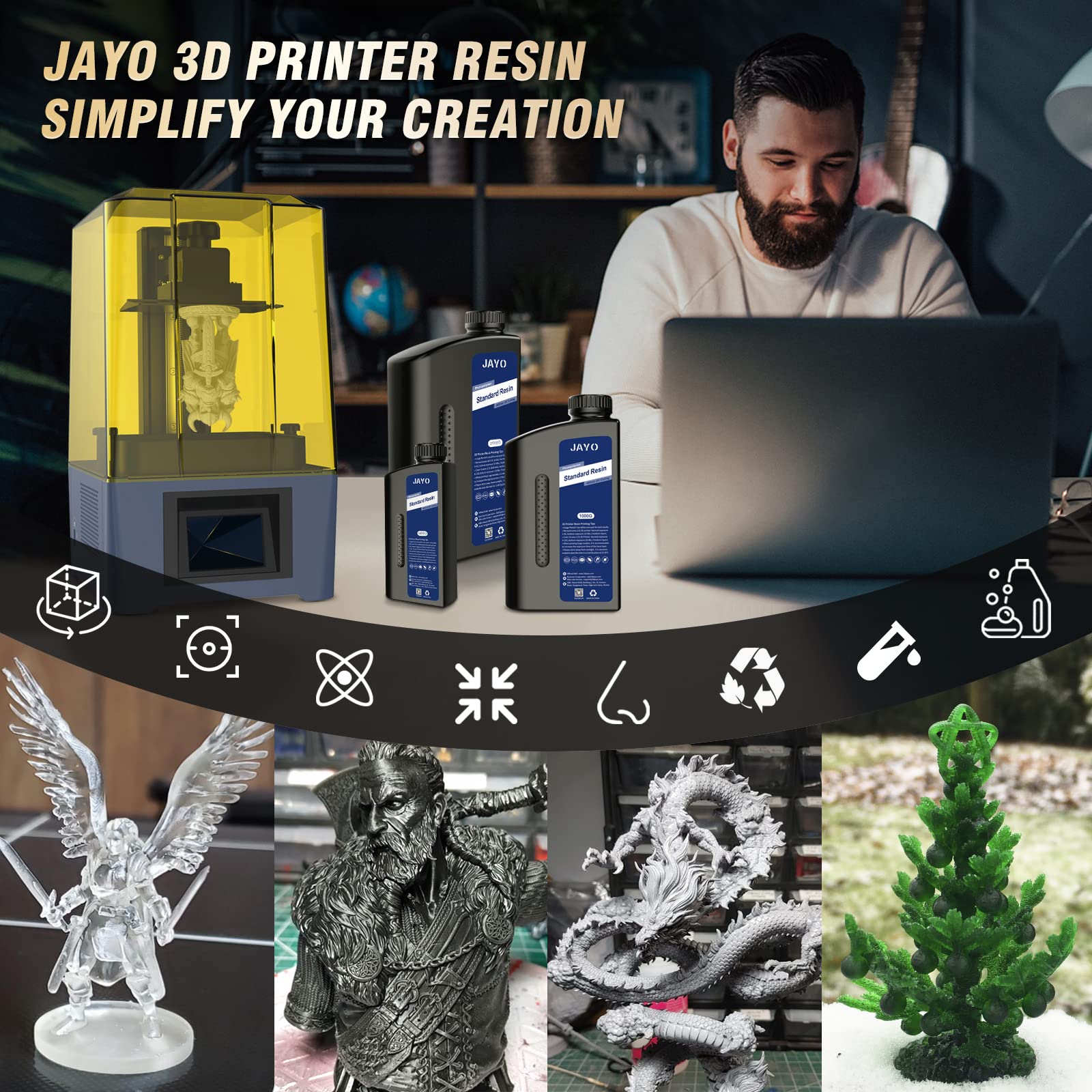JAYO 3D Drucker Harz 2KG, 405nm UV Standard Fast Curing Photopolymer Resin für 4K/6K/8K LCD DLP SLA 3D Drucker, Hohe Präzision, Geringe Schrumpfung, Dunkelgrau 2000g