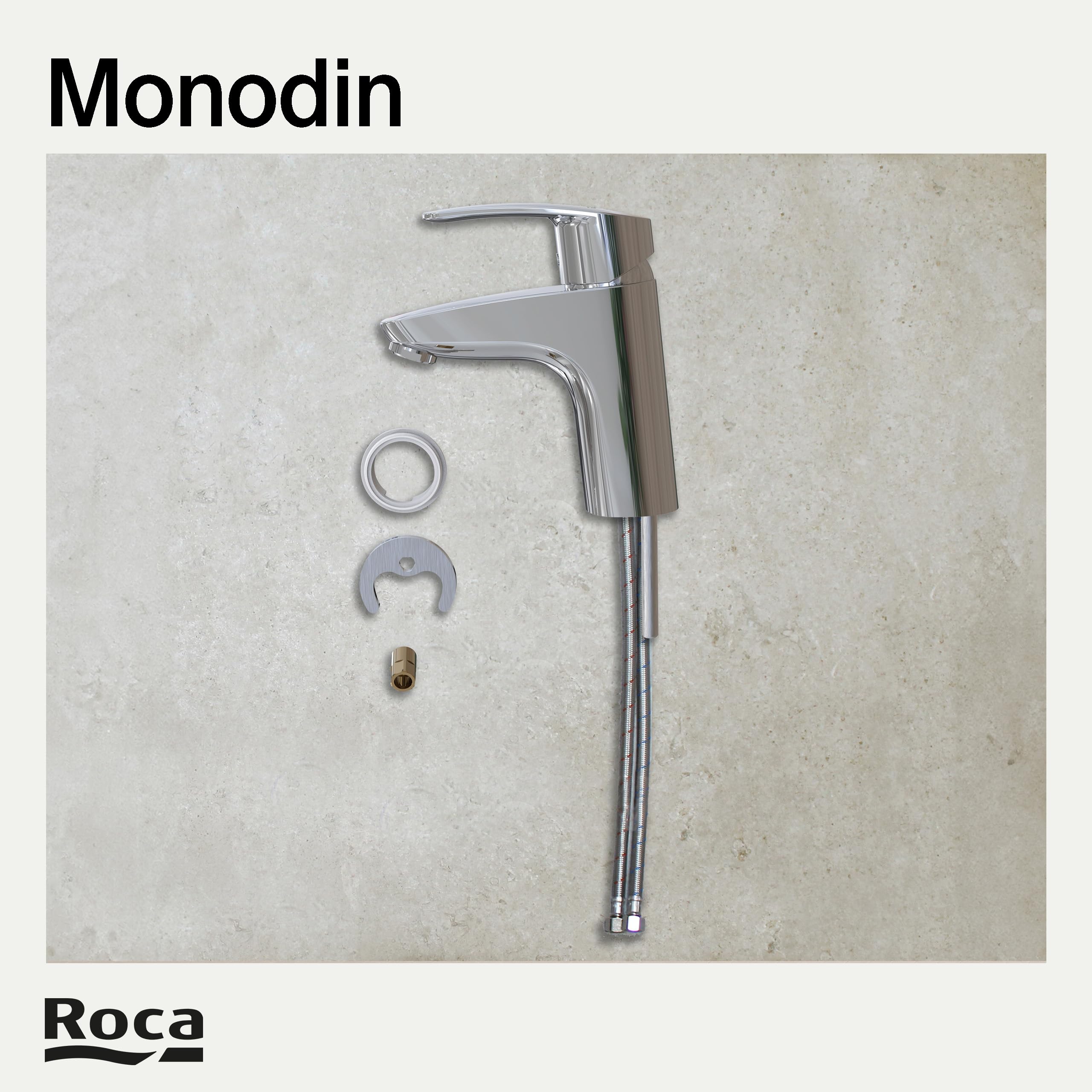 Roca Monodin Grifería para lavabo con tecnología Cold Start, grifo monomando de repisa con enlaces de alimentación flexibles, mezclador de cuarto de baño de fácil instalación, cromado, A5A3298C00