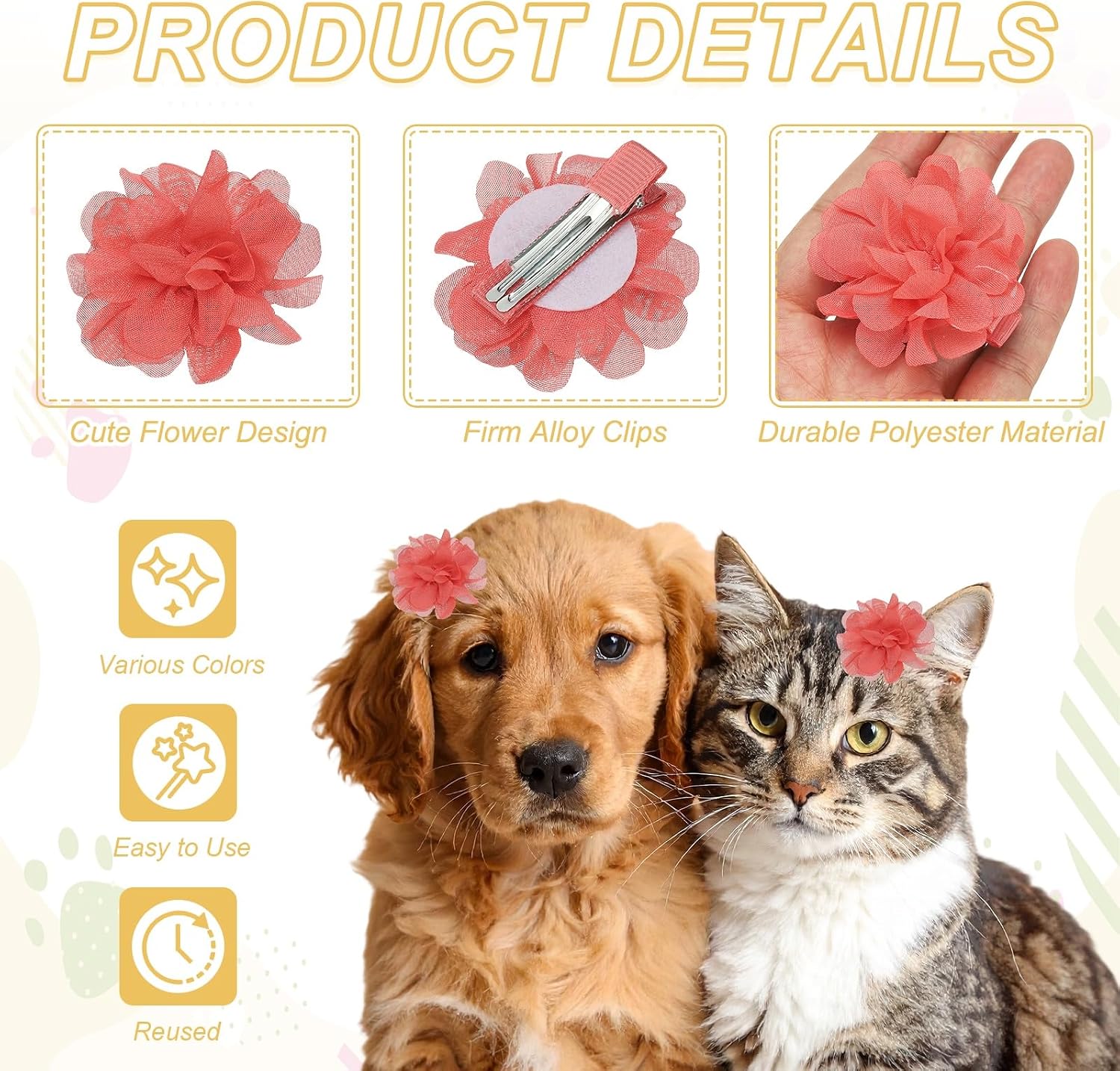 Flower Dog Hair Bows, Pet Flower Cute Hair Collar with Clips Soft Chiffon Cat Tie Floral Grooming Accessories, (Light Red, 10Pcs), Intended for Small Puppies Cat Party Birthday image 3