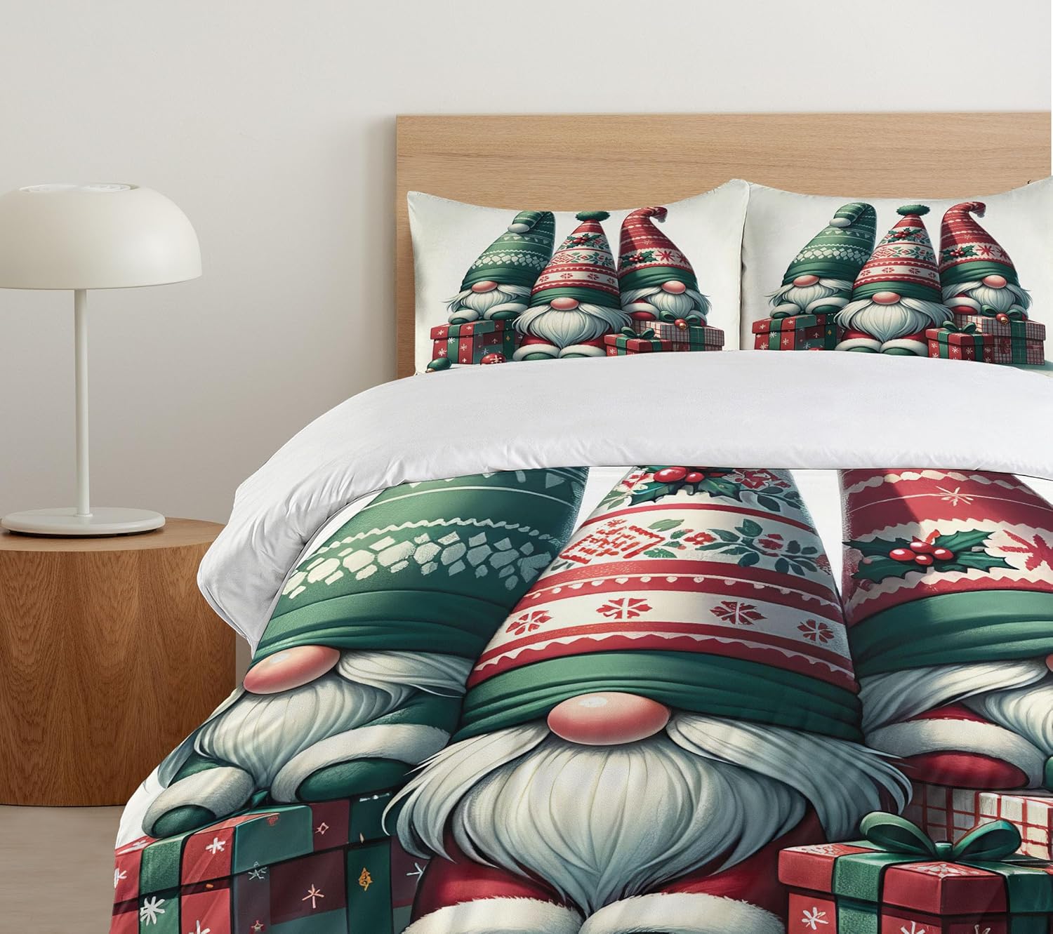 Ambesonne Christmas Duvet Cover Set, Ethnic Classic Nordic Themed Gnomes with Gifts Print Holiday Season, Decorative 3 Piece Bedding Set with 2 Pillow Shams, Queen Size, Green and Dark Pink