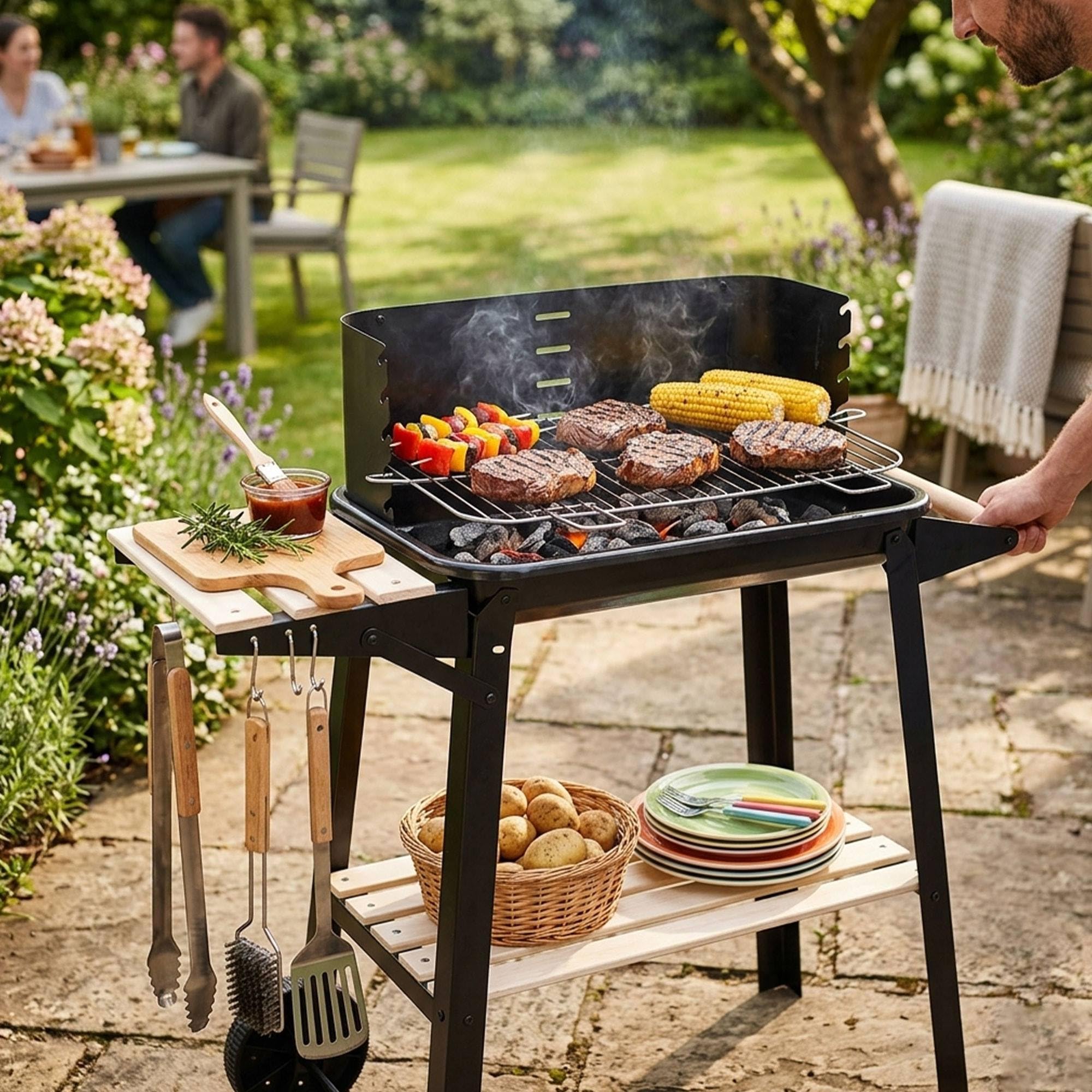 Well Home Barbacoa de Carbón Rectangular con Estantes de Madera FSC con Parrilla Cromada 45x24 cm - Barbacoa de Jardín con Cortavientos y Ruedas
