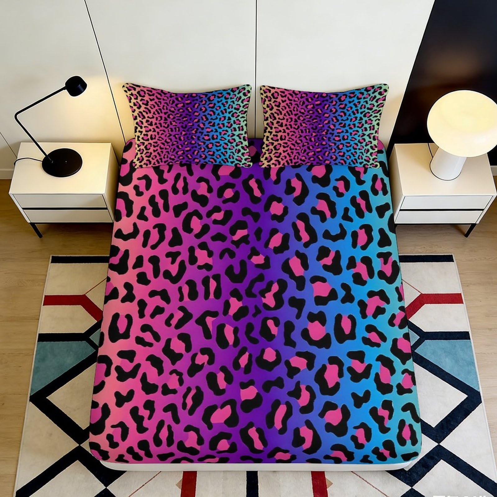 3D Printed Rainbow Leopard Fitted Sheet Microfiber Soft Multicolor Animal Pattern Mattress Cover for Bedroom Dorm Decor 140x200x25cm