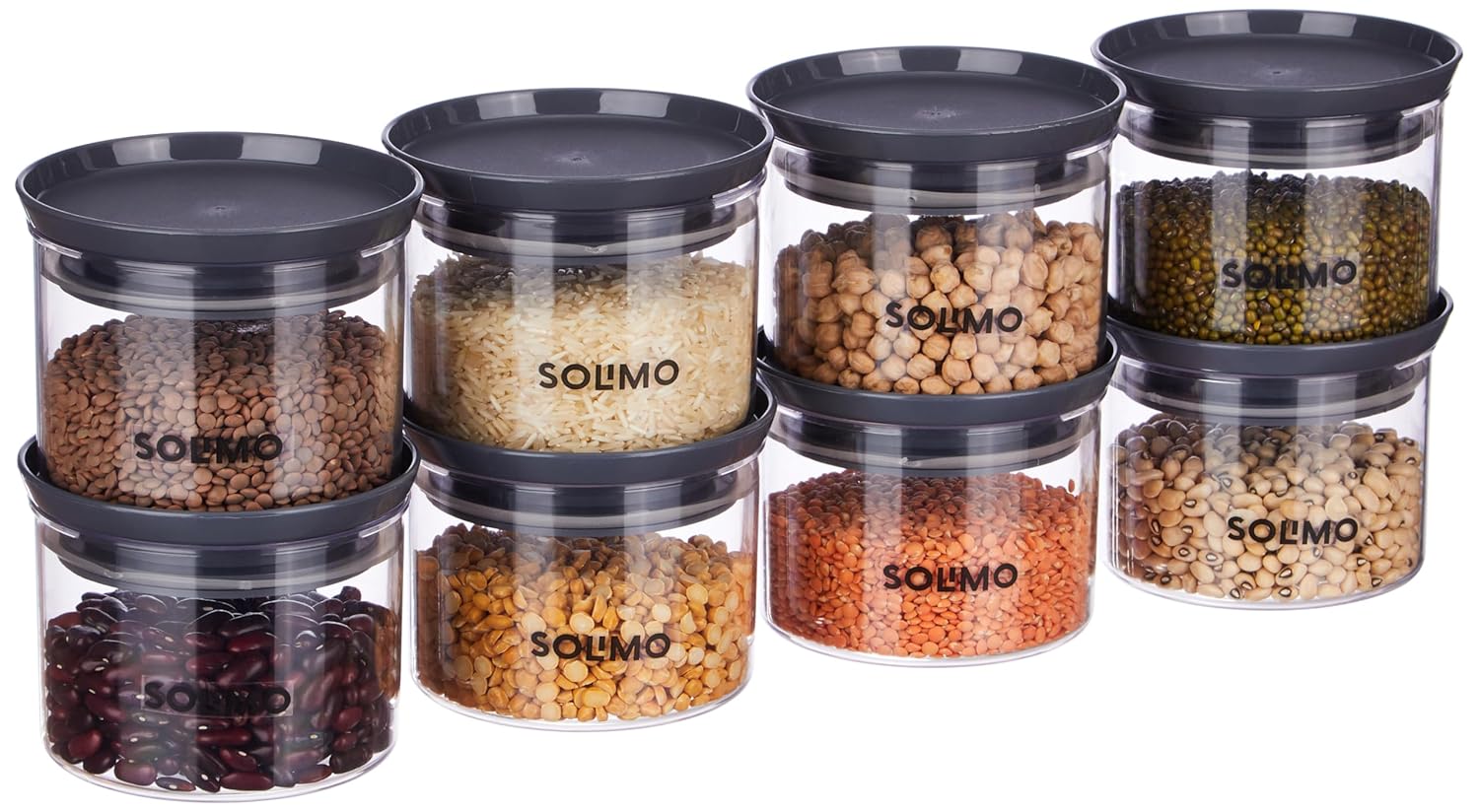Amazon Brand – Solimo Plastic Storage Jar and Container Set I Air Tight & BPA Free Containers for Kitchen Storage Set I Grocery Kitchen Container Set I Multipurpose Jar, 500 Ml Each, Set 8, Grey Amazon Brand – Solimo Plastic Storage Jar and Container Set I Air Tight & BPA Free Containers for Kitchen Storage Set I Grocery Kitchen Container Set I Multipurpose Jar, 500 Ml Each, Set 8, Grey