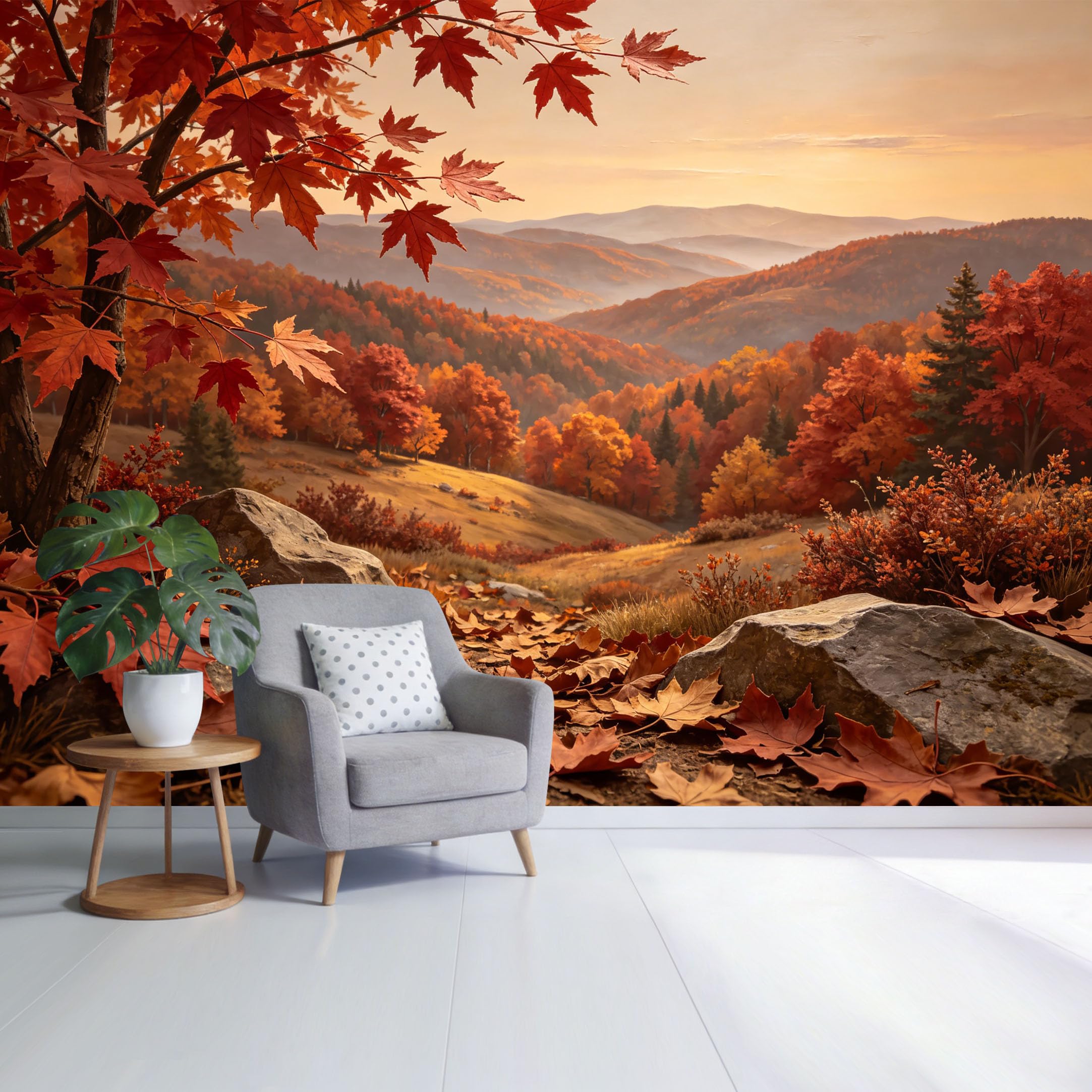 Custom Size Wall Mural Autumn Mountain Landscape Scenic Forest Valley with Maple Leaves Sunset View SelfAdhesive Wall Fabric Removable Wallpaper for Home Office Decor